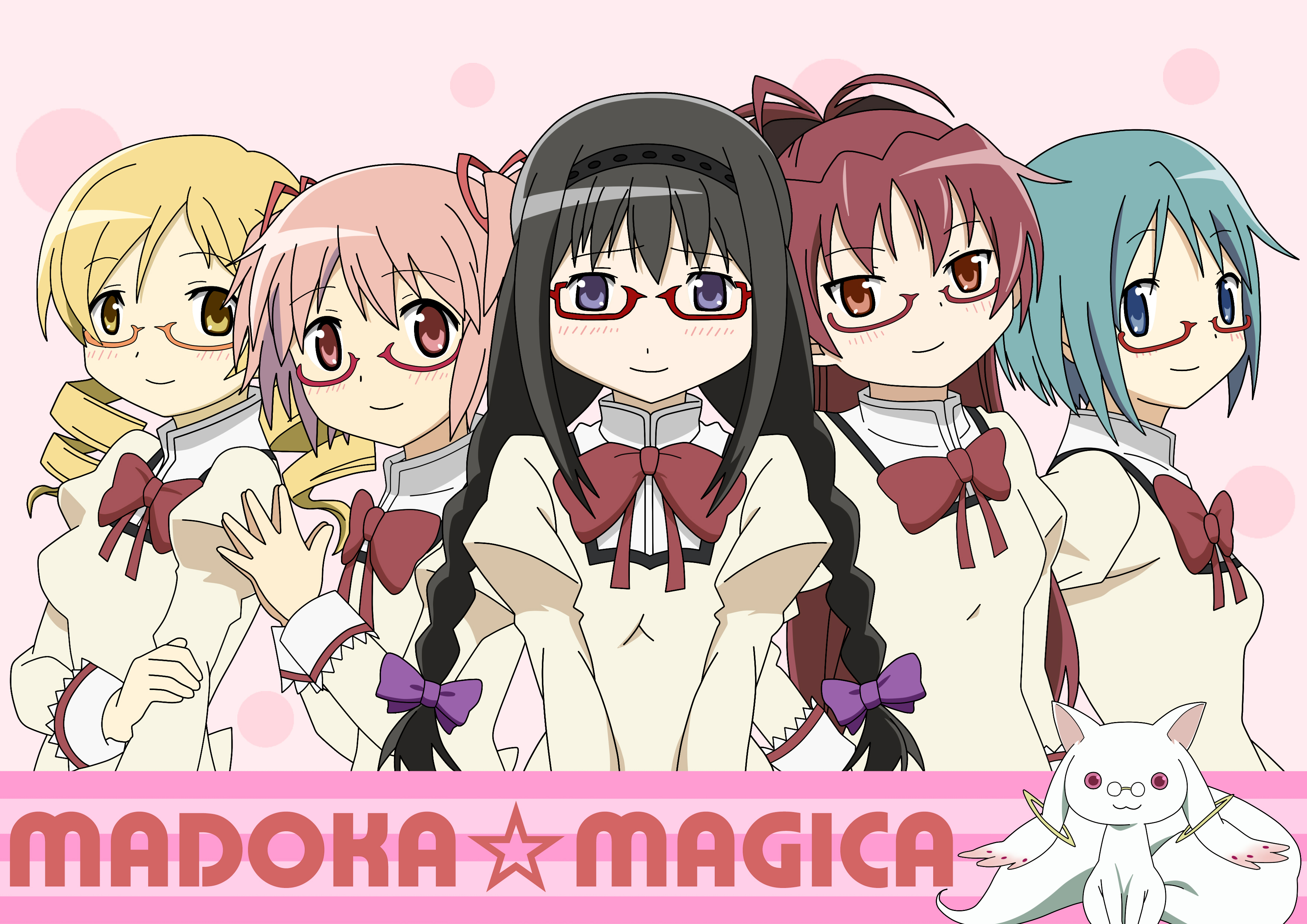 Laden Sie das Animes, Kyōko Sakura, Madoka Magica, Homur Akemi, Madoka Kaname, Mami Tomö, Sayaka Miki, Kyuubey (Puella Magi Madoka Magica)-Bild kostenlos auf Ihren PC-Desktop herunter