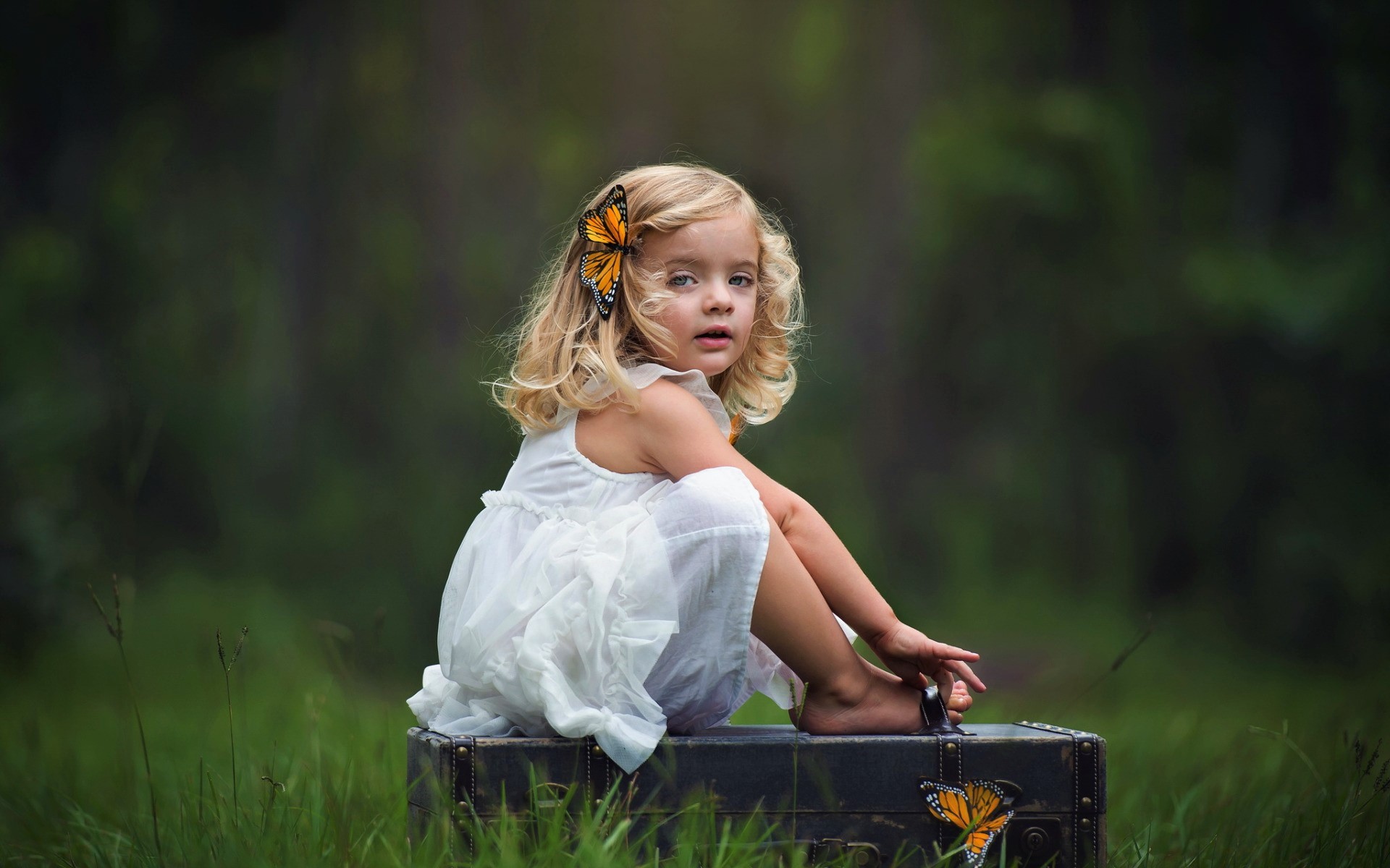 Download mobile wallpaper Butterfly, Child, Blonde, Cute, Photography, Little Girl, Depth Of Field for free.