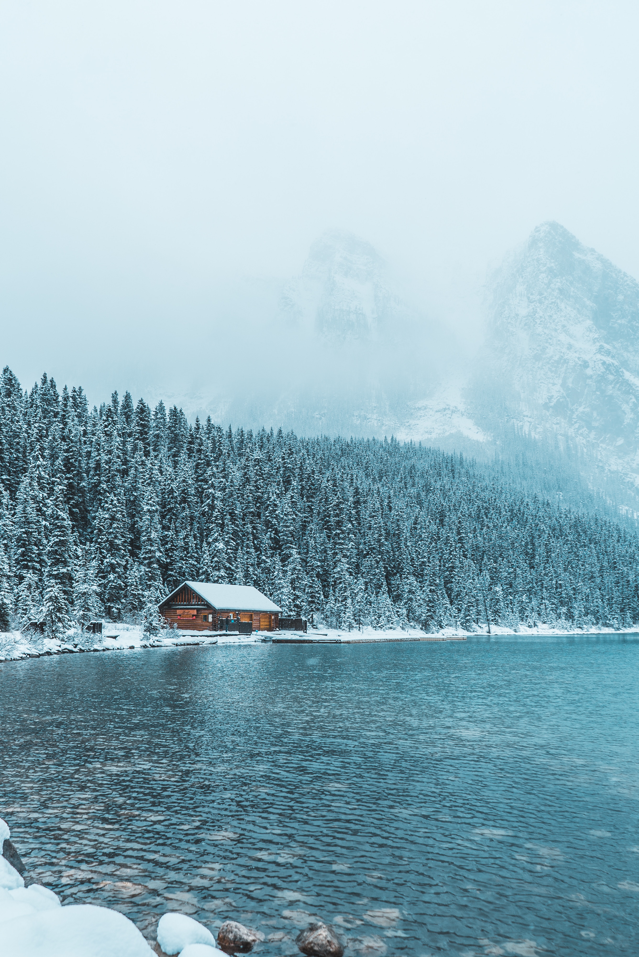 nature, winter, mountains, lake, house