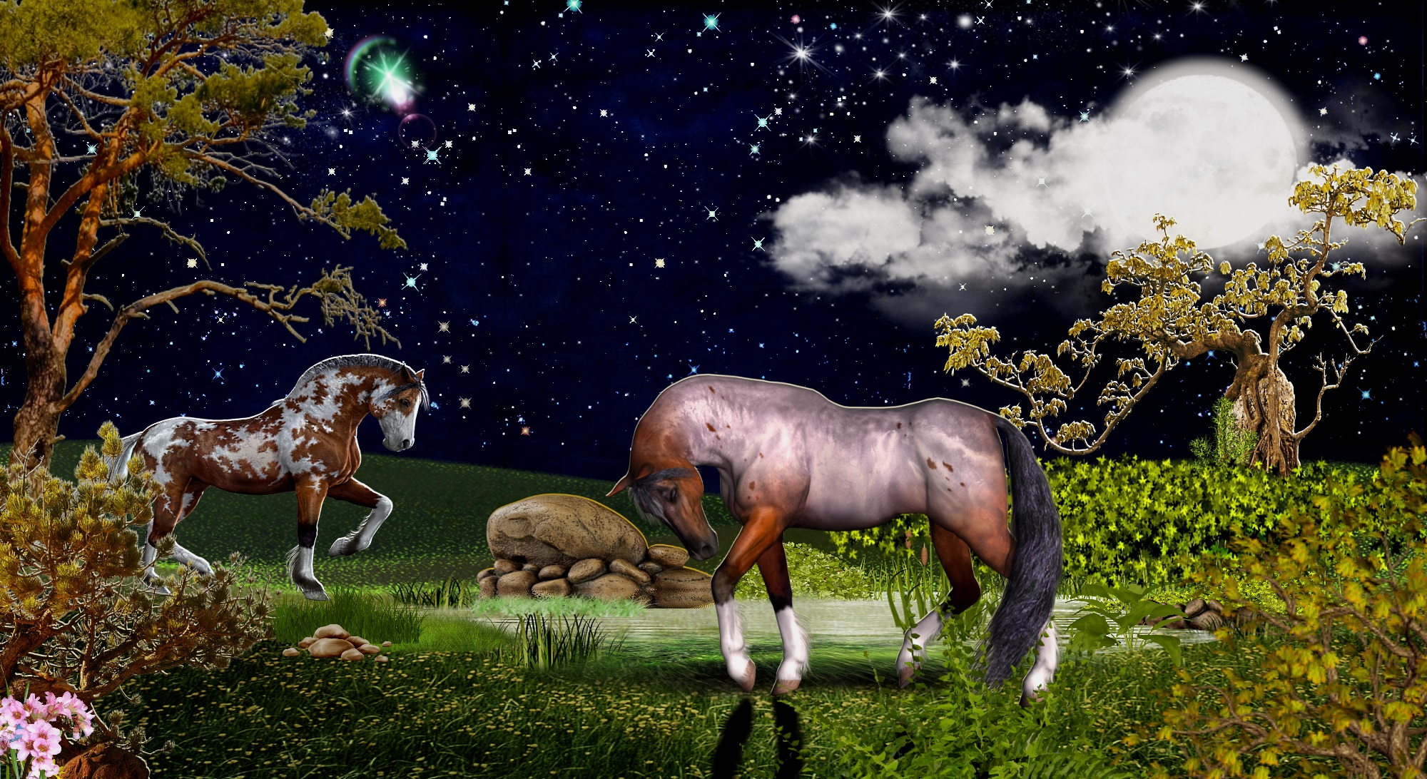 642819 завантажити шпалери тварина, кінь, пейзаж, місячне світло - заставки і картинки безкоштовно