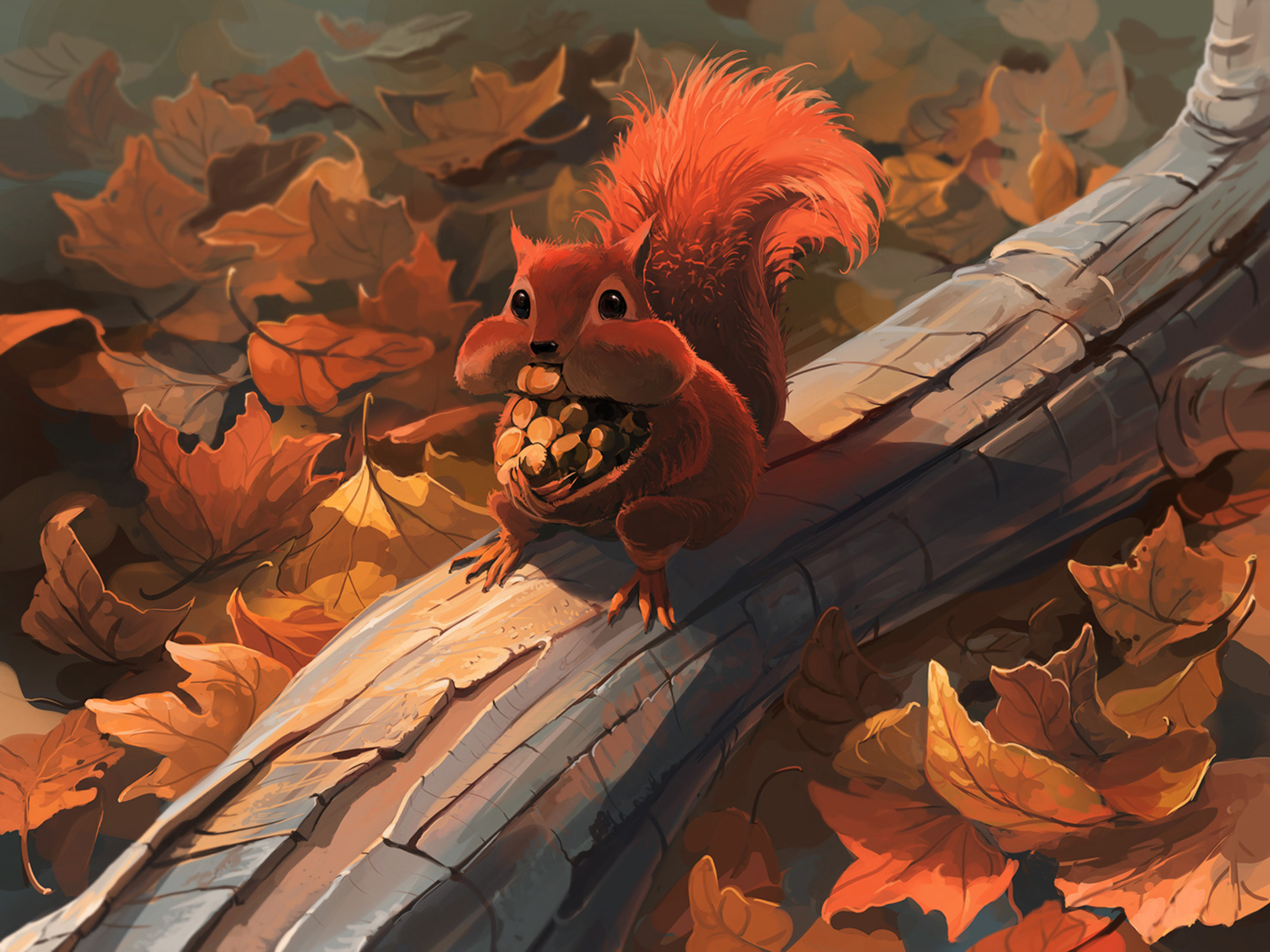 squirrel, art, autumn, nuts, food, foliage HD wallpaper