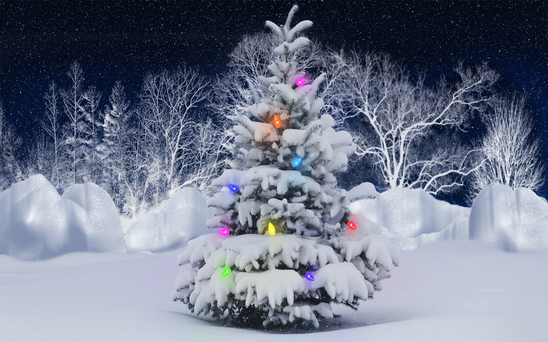 561552 Hintergrundbild herunterladen weihnachten, schnee, weihnachtsbaum, weihnachtsbeleuchtung, feiertage - Bildschirmschoner und Bilder kostenlos