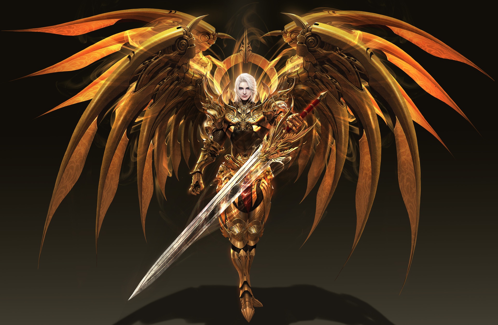 無料モバイル壁紙ファンタジー, 翼, 白髪, 鎧, 剣, 天使の戦士をダウンロードします。