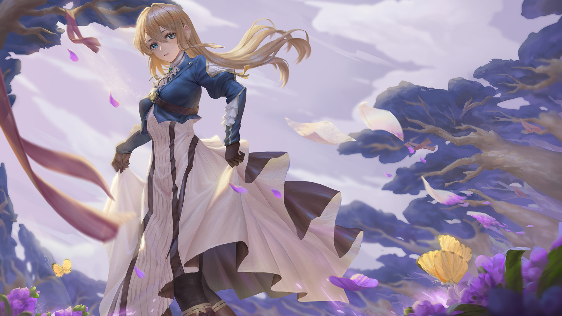 Download mobile wallpaper Anime, Flower, Blonde, Dress, Blue Eyes, Long Hair, Violet Evergarden for free.