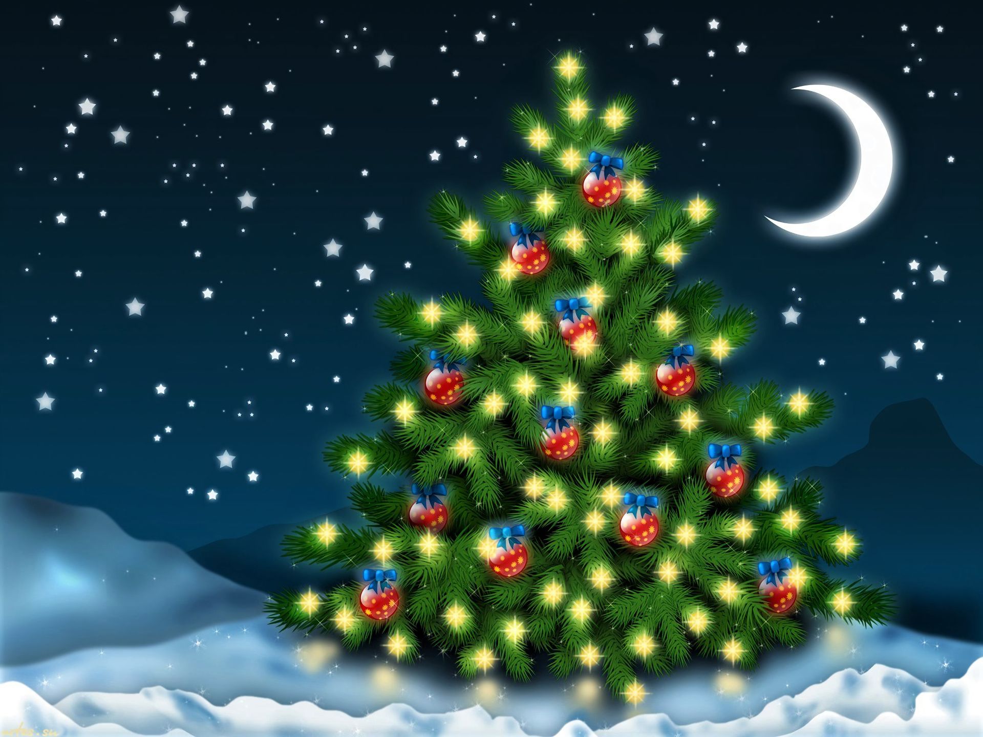 holiday, christmas, christmas ornaments, christmas tree, crescent, light, night, star, starry sky