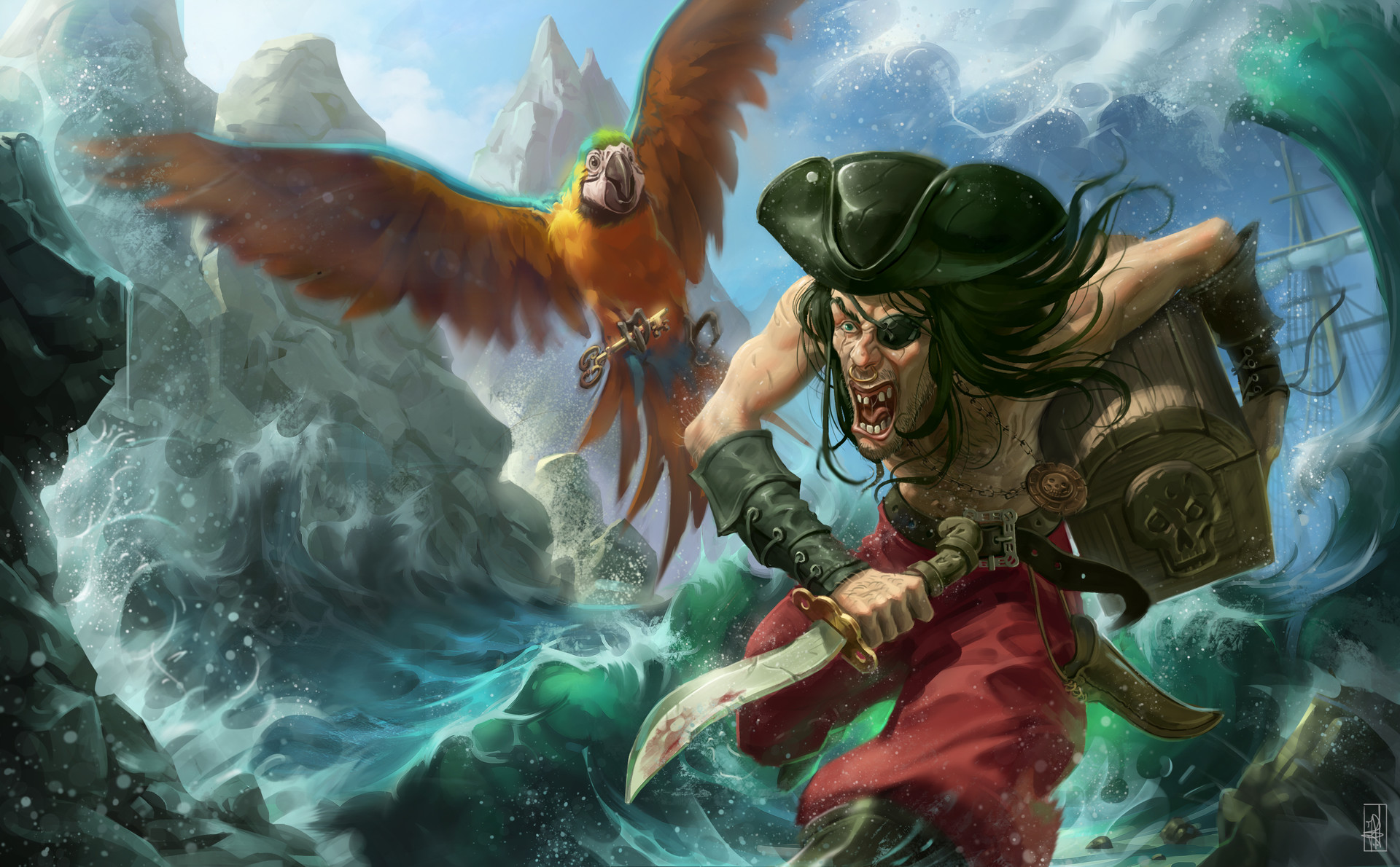 Free download wallpaper Fantasy, Macaw, Pirate, Parrot, Dagger, Eye Patch on your PC desktop