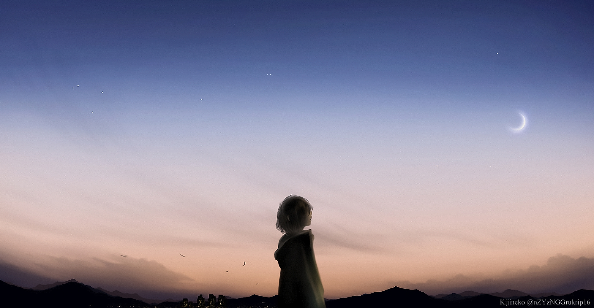 Free download wallpaper Anime, Stars, Moon, Mountain, Original on your PC desktop