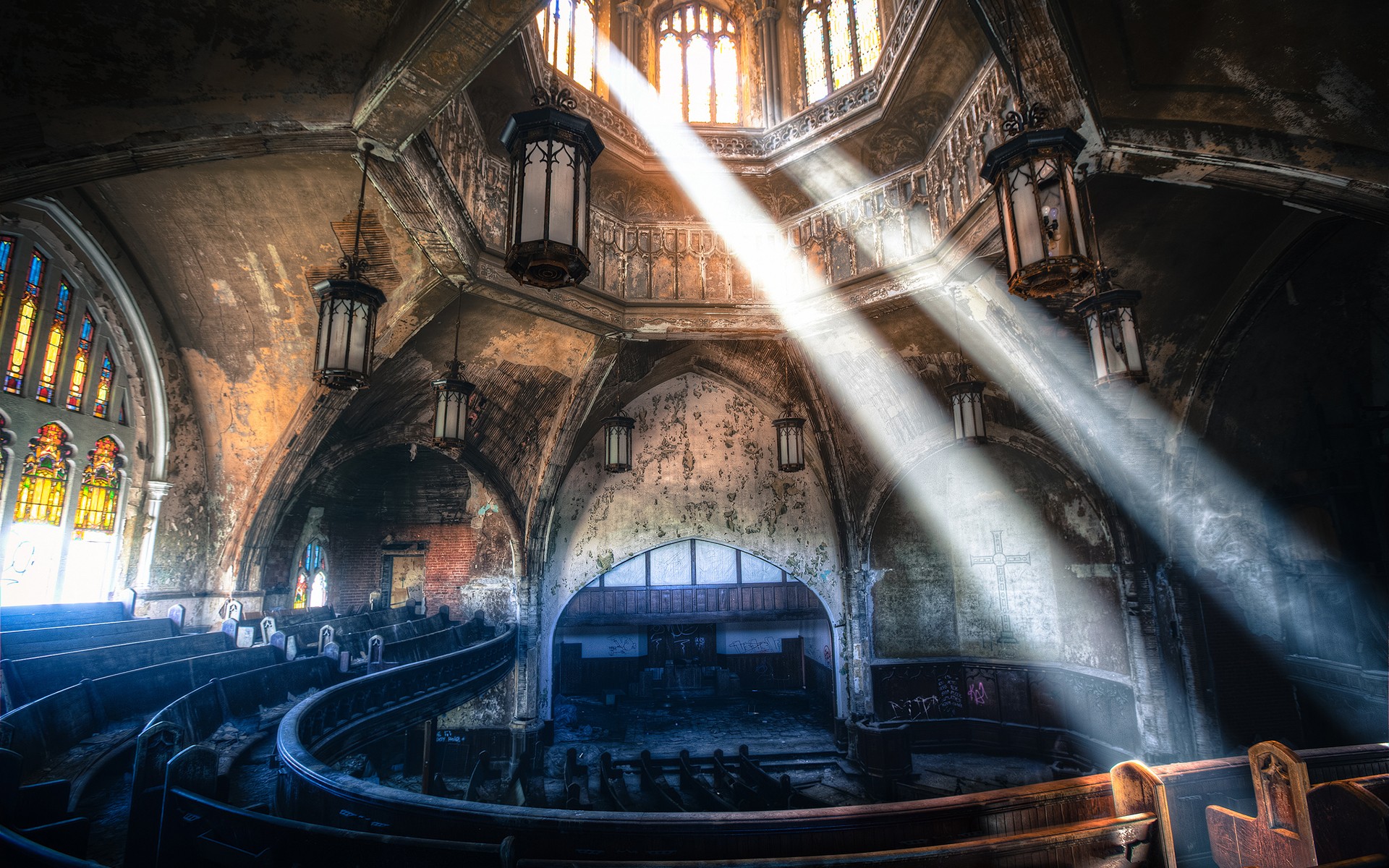 theatre, religious, church, abandoned, architecture, ruin, stained glass, sunbeam, churches