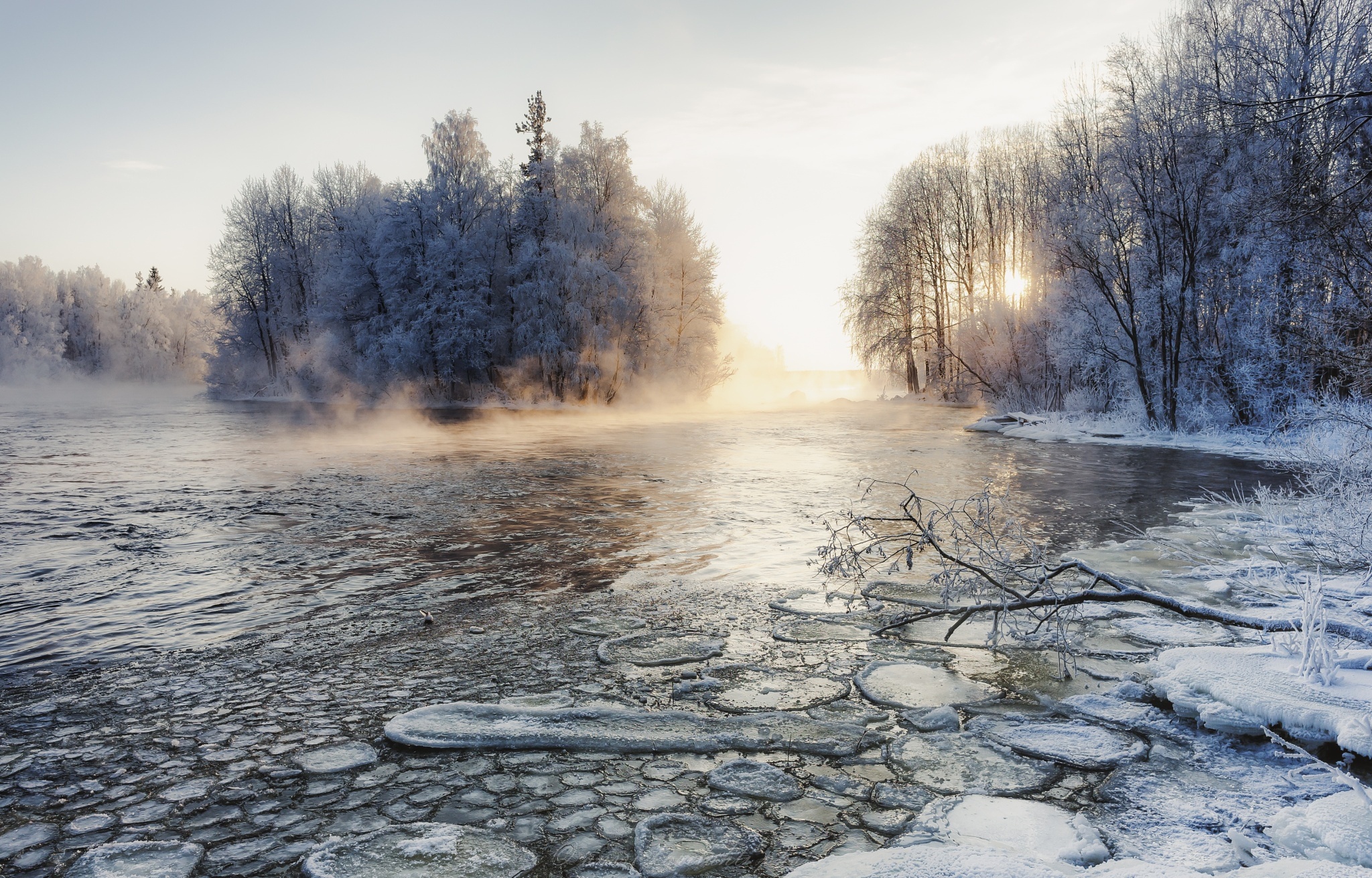 Download mobile wallpaper Winter, Nature, Ice, Tree, Earth, River for free.