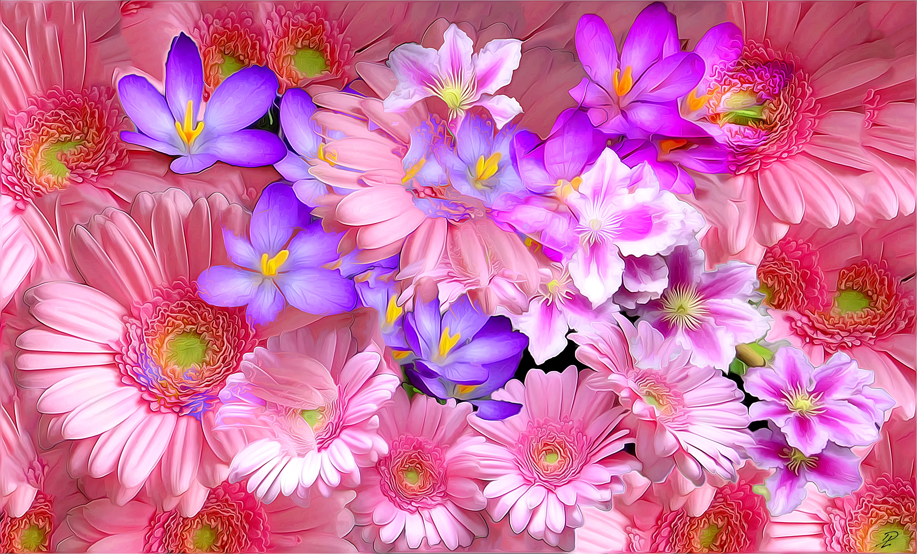 PCデスクトップにピンク, ガーベラ, 花, 紫の, ペインティング, 芸術的, クロッカス画像を無料でダウンロード