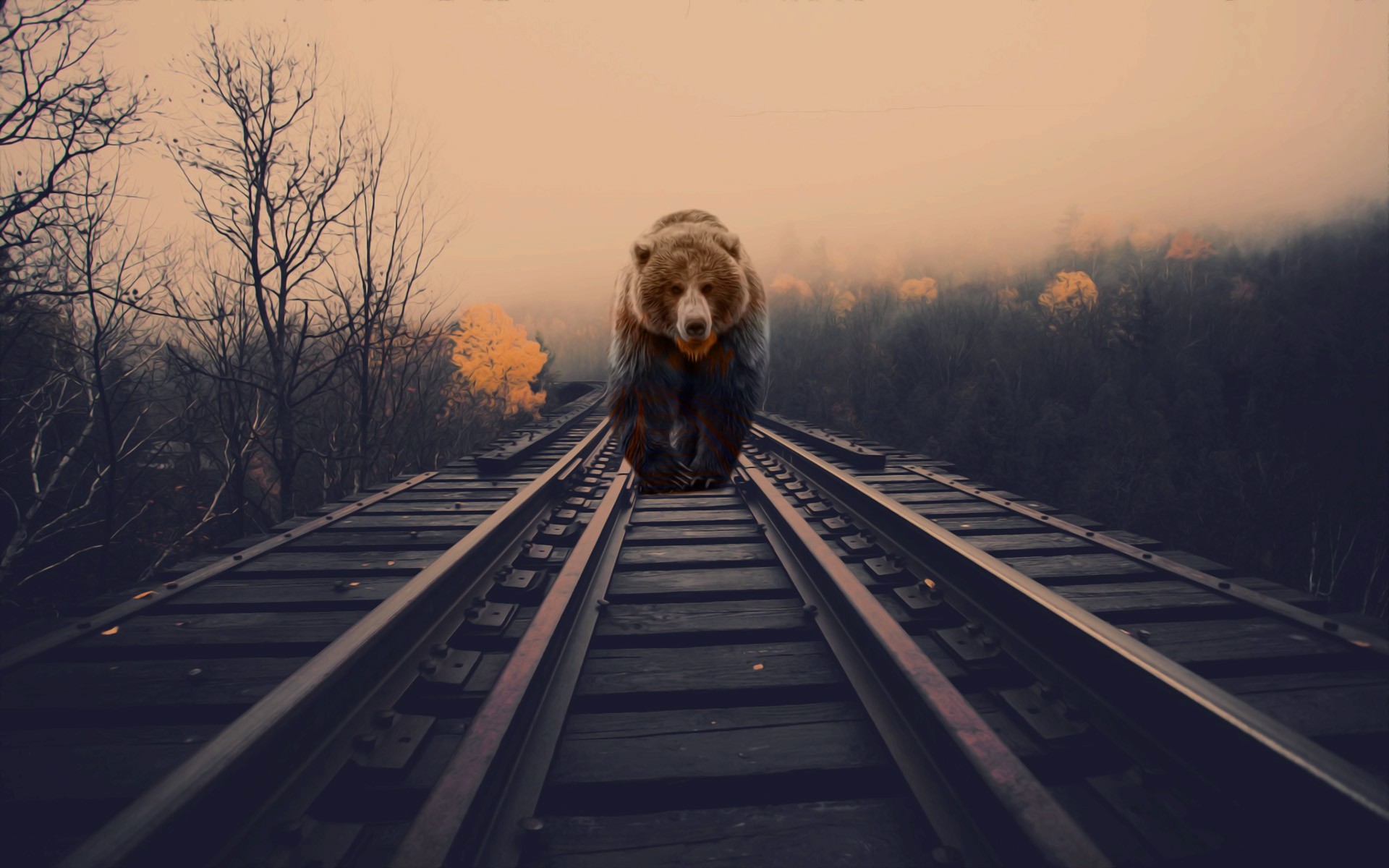 Laden Sie das Tiere, Bären, Bär, Eisenbahn, Manipulation-Bild kostenlos auf Ihren PC-Desktop herunter