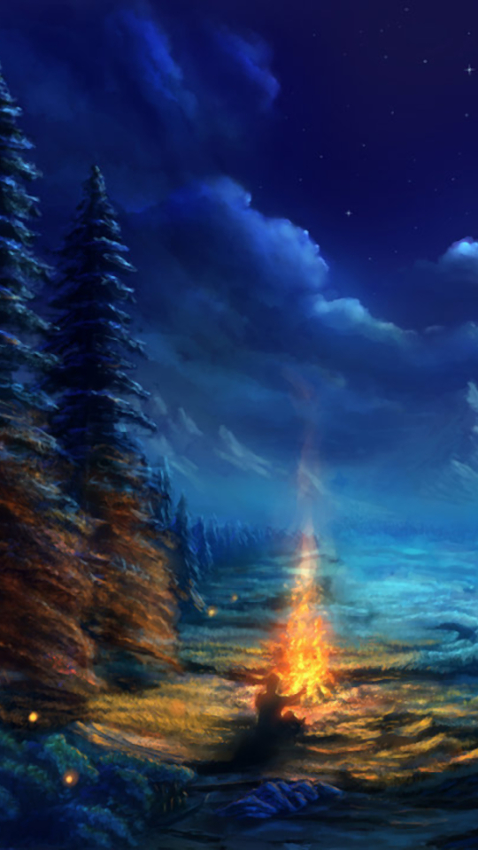 artistic, winter, snow, tree, campfire, moon, cloud 32K
