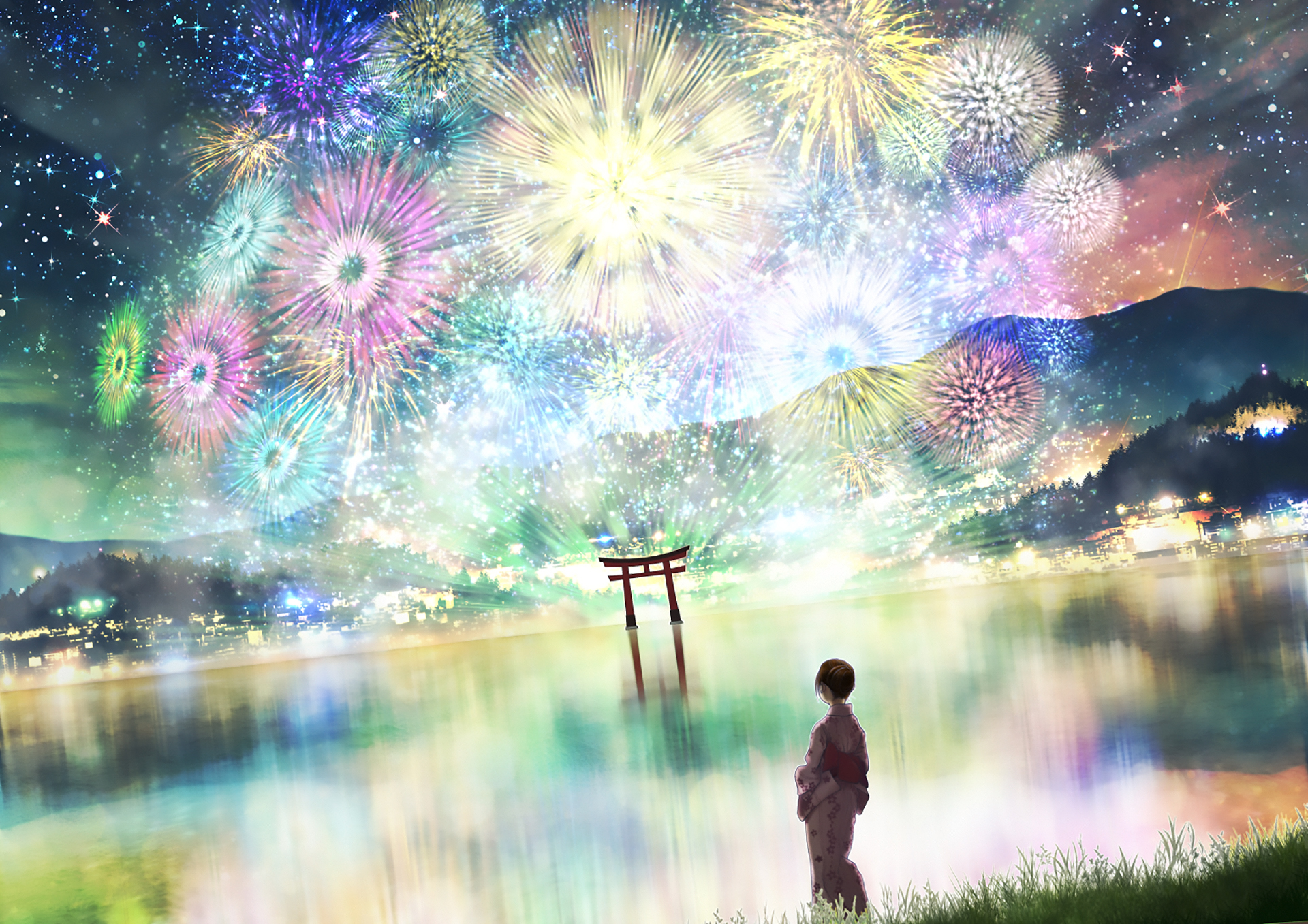 Handy-Wallpaper Sterne, Feuerwerk, Torii, Nacht, Animes, Japanische Kleidung, Hana Bi Feuerblume kostenlos herunterladen.
