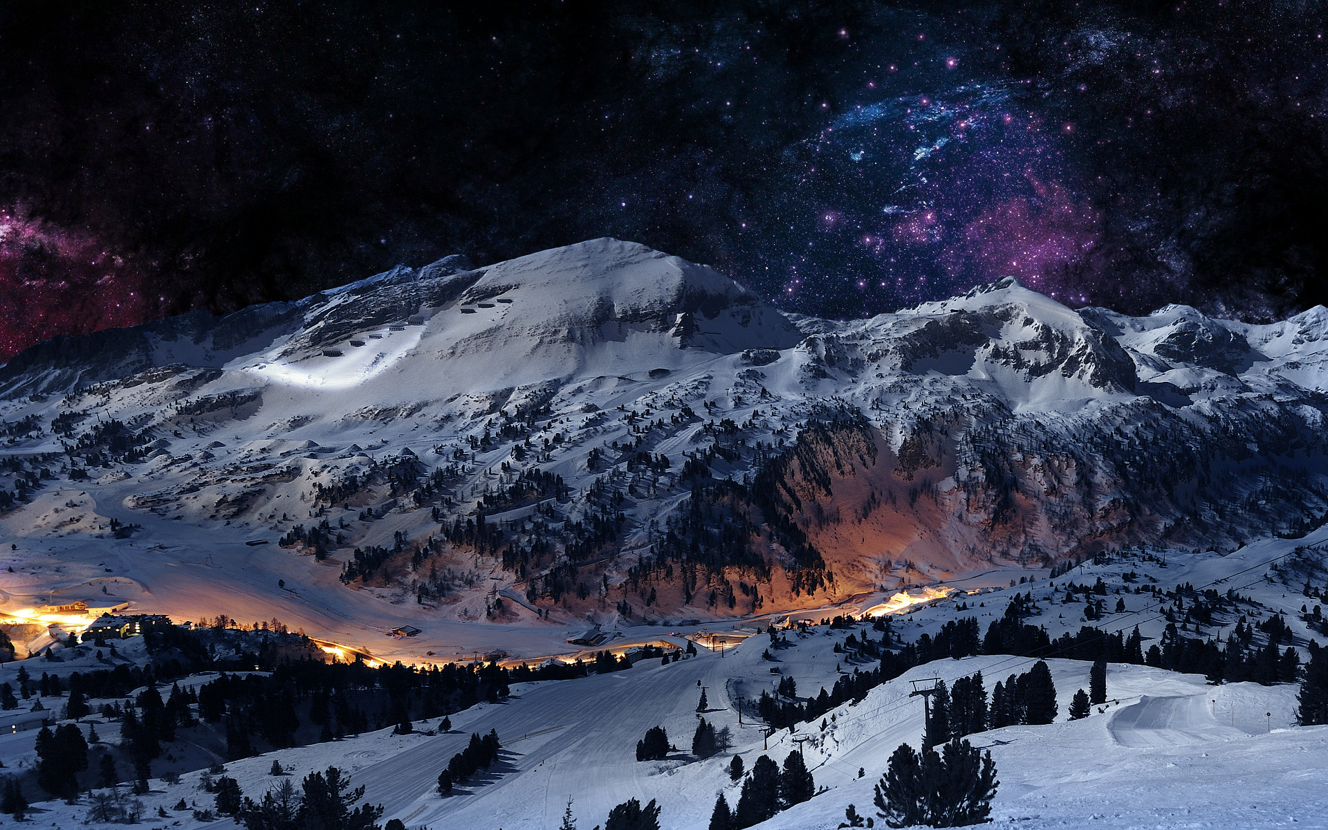 Laden Sie das Winter, Sterne, Schnee, Berg, Milchstraße, Dorf, Himmel, Menschengemacht-Bild kostenlos auf Ihren PC-Desktop herunter