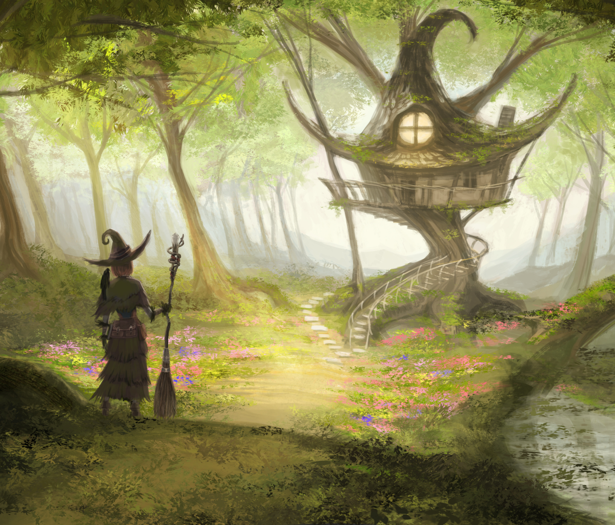 fantasy, witch, broom, forest, witch hat, tree house