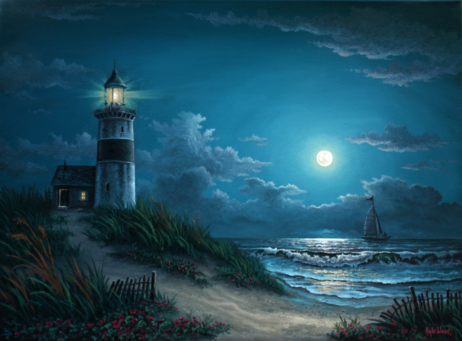 Download mobile wallpaper Sea, Night, Moon, Ocean, Lighthouse, Painting, Sailboat, Artistic for free.