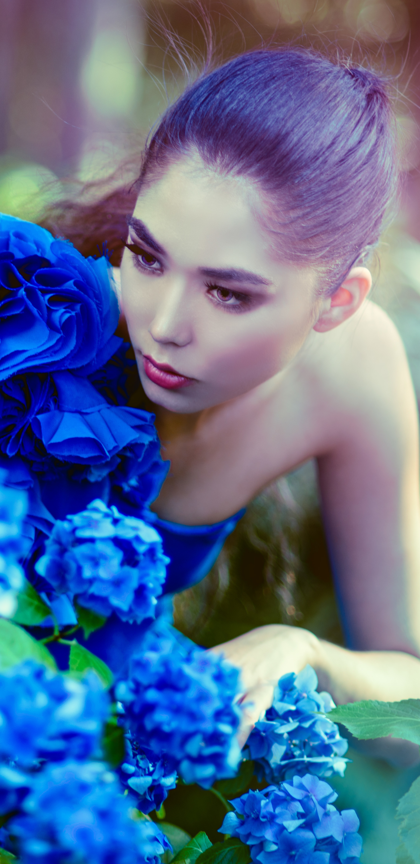 Download mobile wallpaper Bokeh, Brunette, Model, Women, Asian, Lipstick, Blue Flower for free.