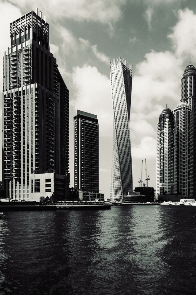 Download mobile wallpaper Cities, City, Skyscraper, Dubai, Cityscape, Man Made, Black & White for free.