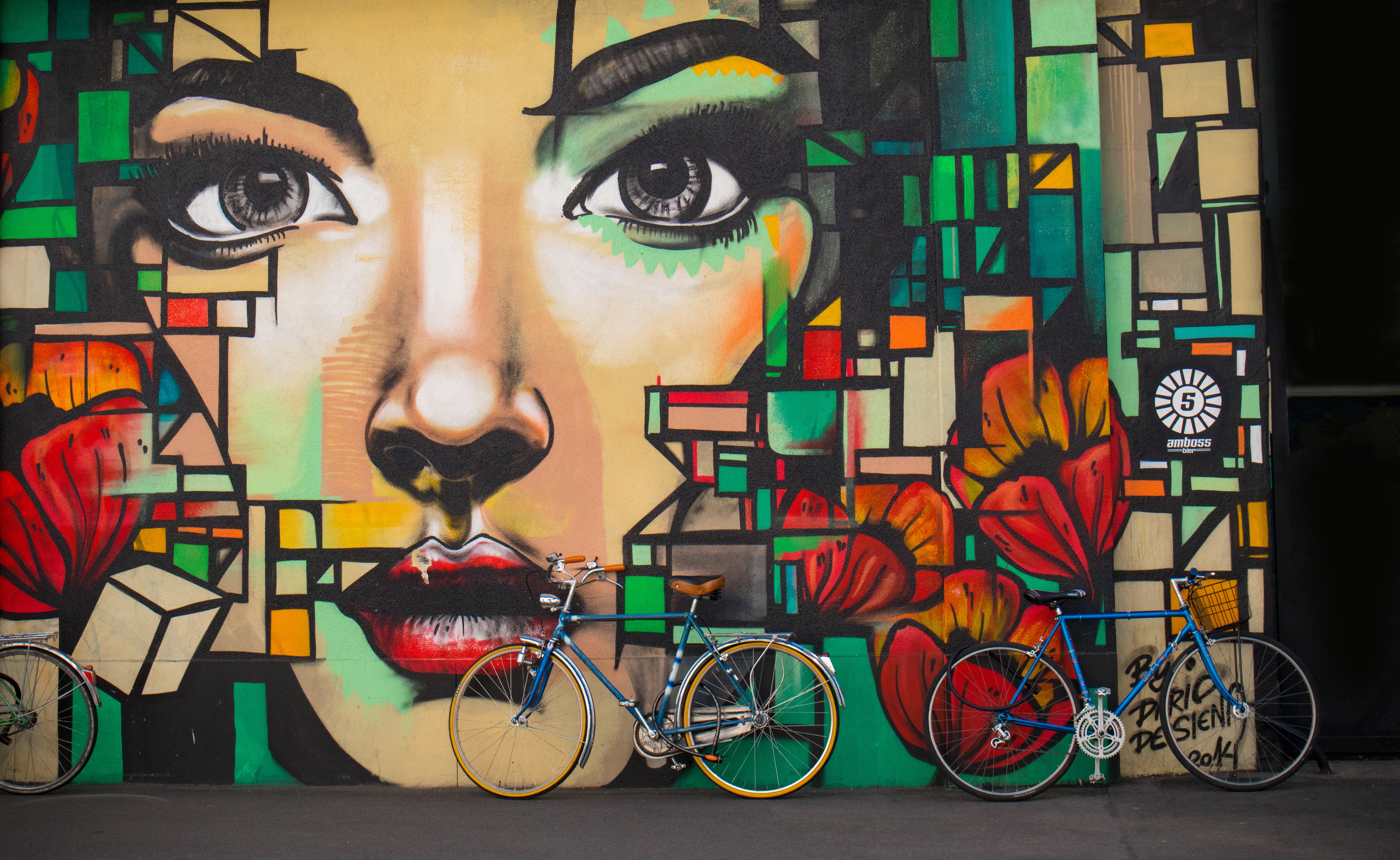 art, graffiti, bicycles, wall, face