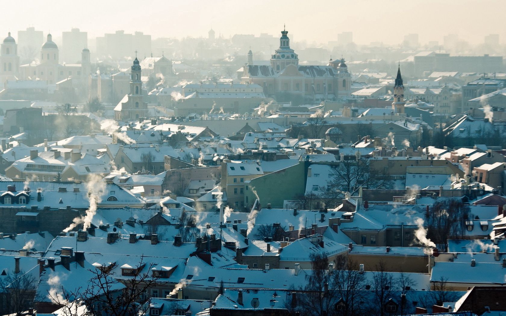 cities, smoke, lithuania, panorama, urban landscape, cityscape, roof, roofs, vilnius Full HD
