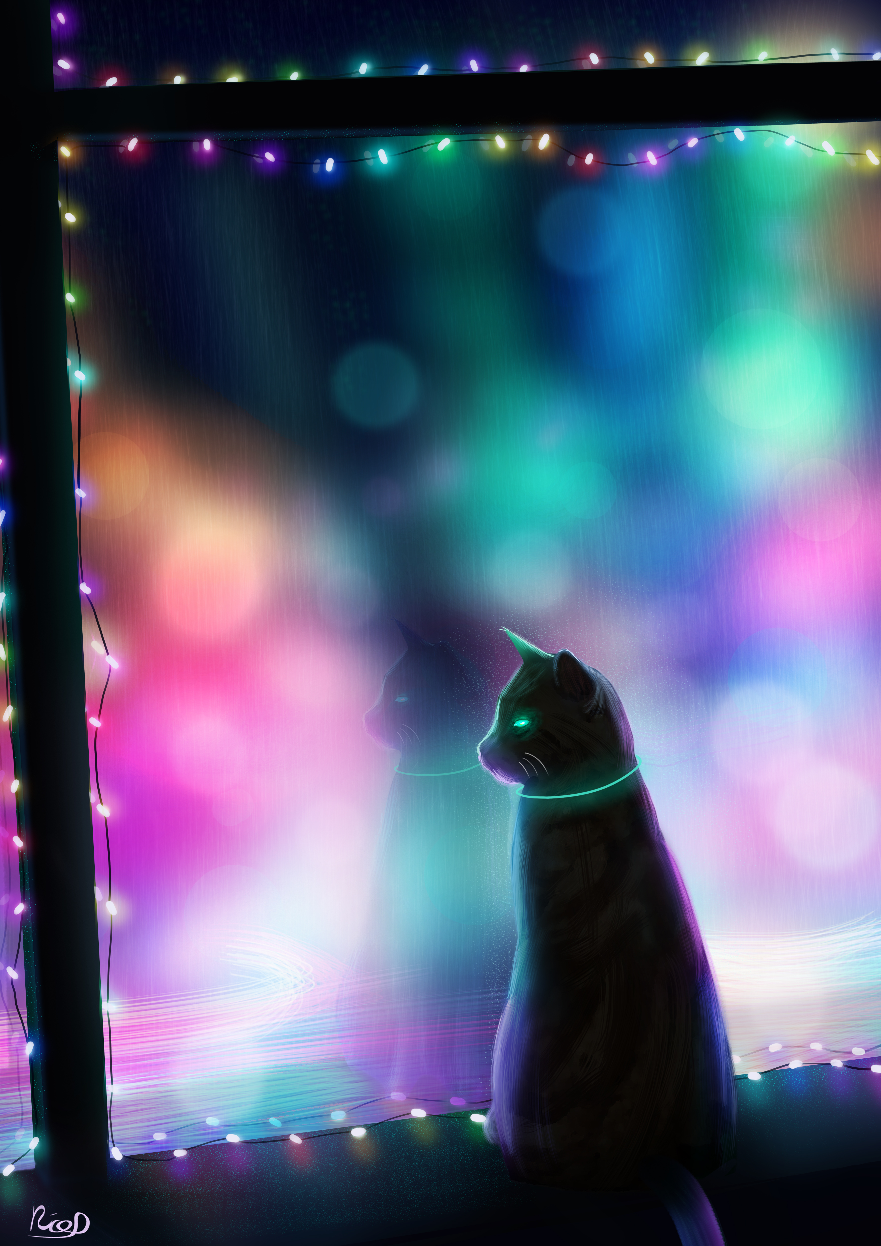 cat, art, multicolored, motley, window, garland Desktop Wallpaper