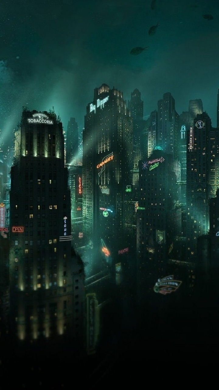 Descarga gratuita de fondo de pantalla para móvil de Noche, Bioshock, Ciudad, Ciencia Ficción.