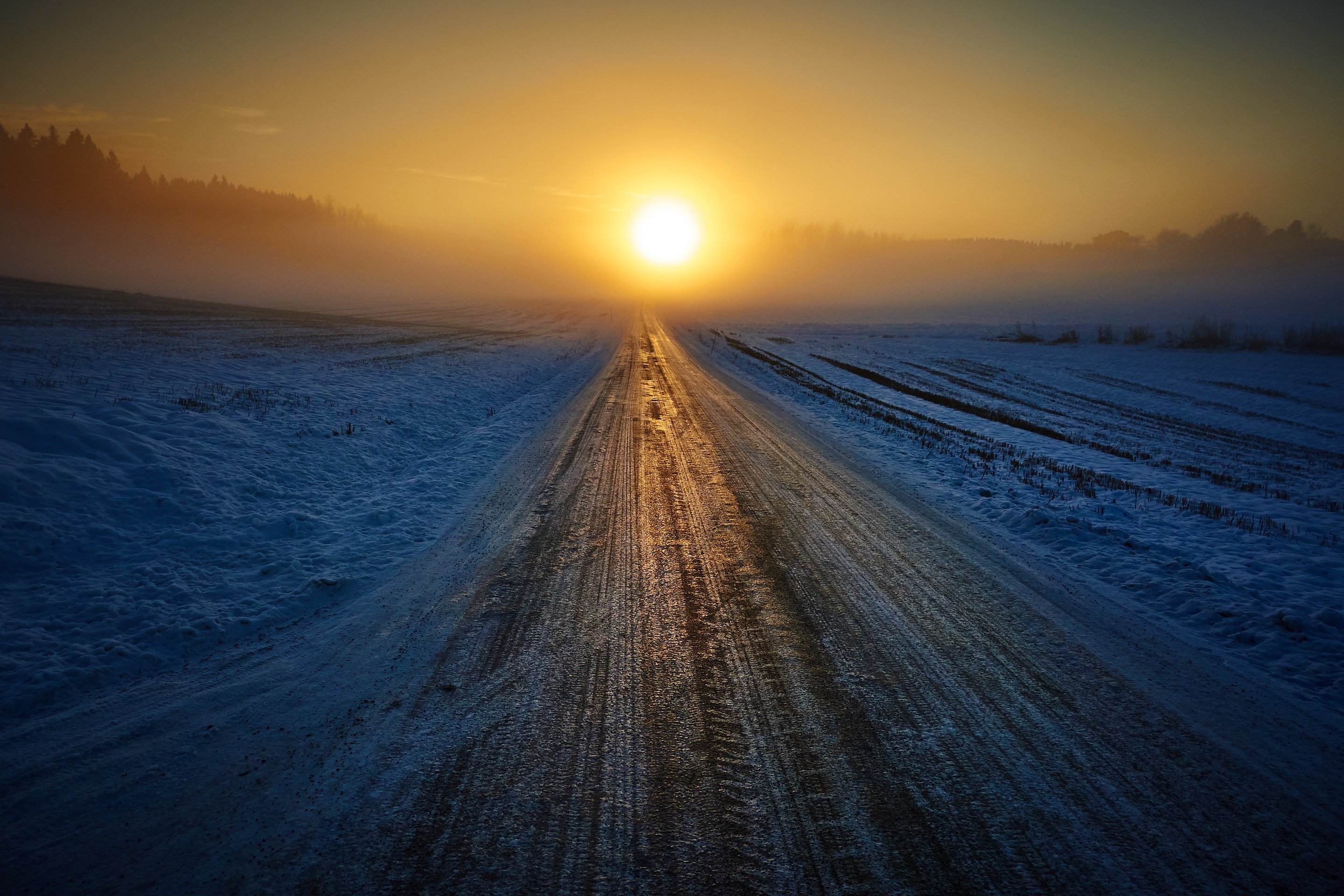 Download mobile wallpaper Road, Snow, Horizon, Winter, Sunset, Nature for free.