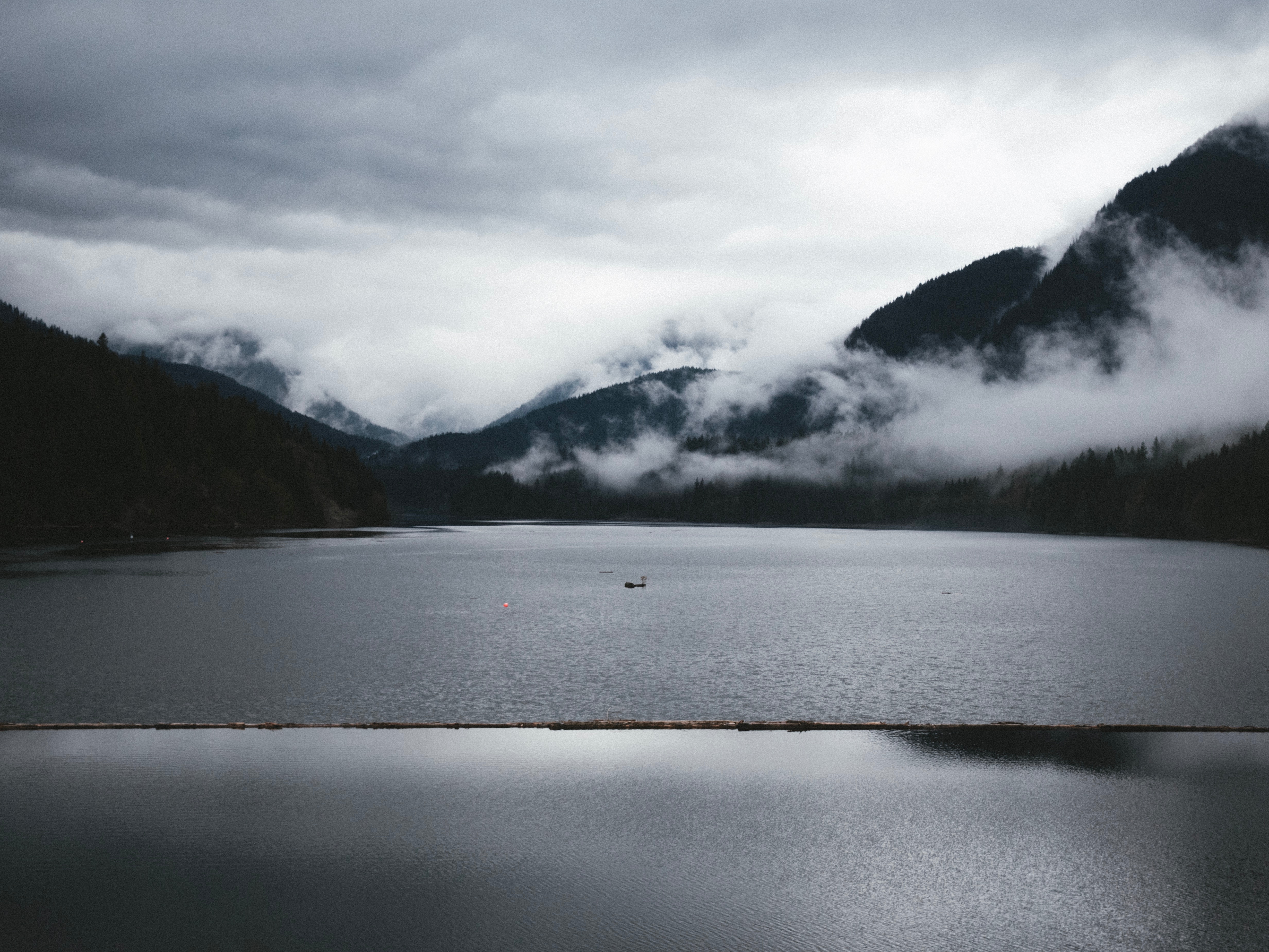 Free download wallpaper Lake, Water, Bw, Chb, Nature, Fog, Mountains on your PC desktop