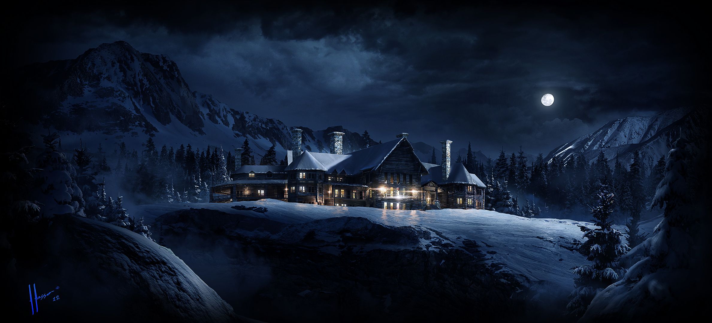 Download mobile wallpaper Winter, Night, Moon, Snow, Mountain, House, Cloud, Man Made for free.