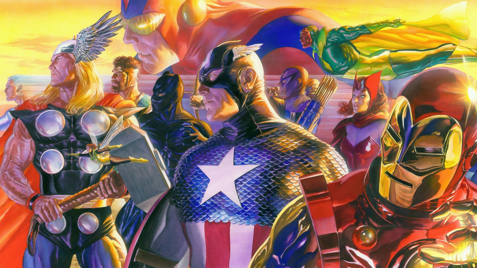 Baixar papel de parede para celular de Homem De Ferro, Capitão América, Os Vingadores, História Em Quadrinhos, Thor, Visão (Marvel Comics), Feiticeira Escarlate gratuito.