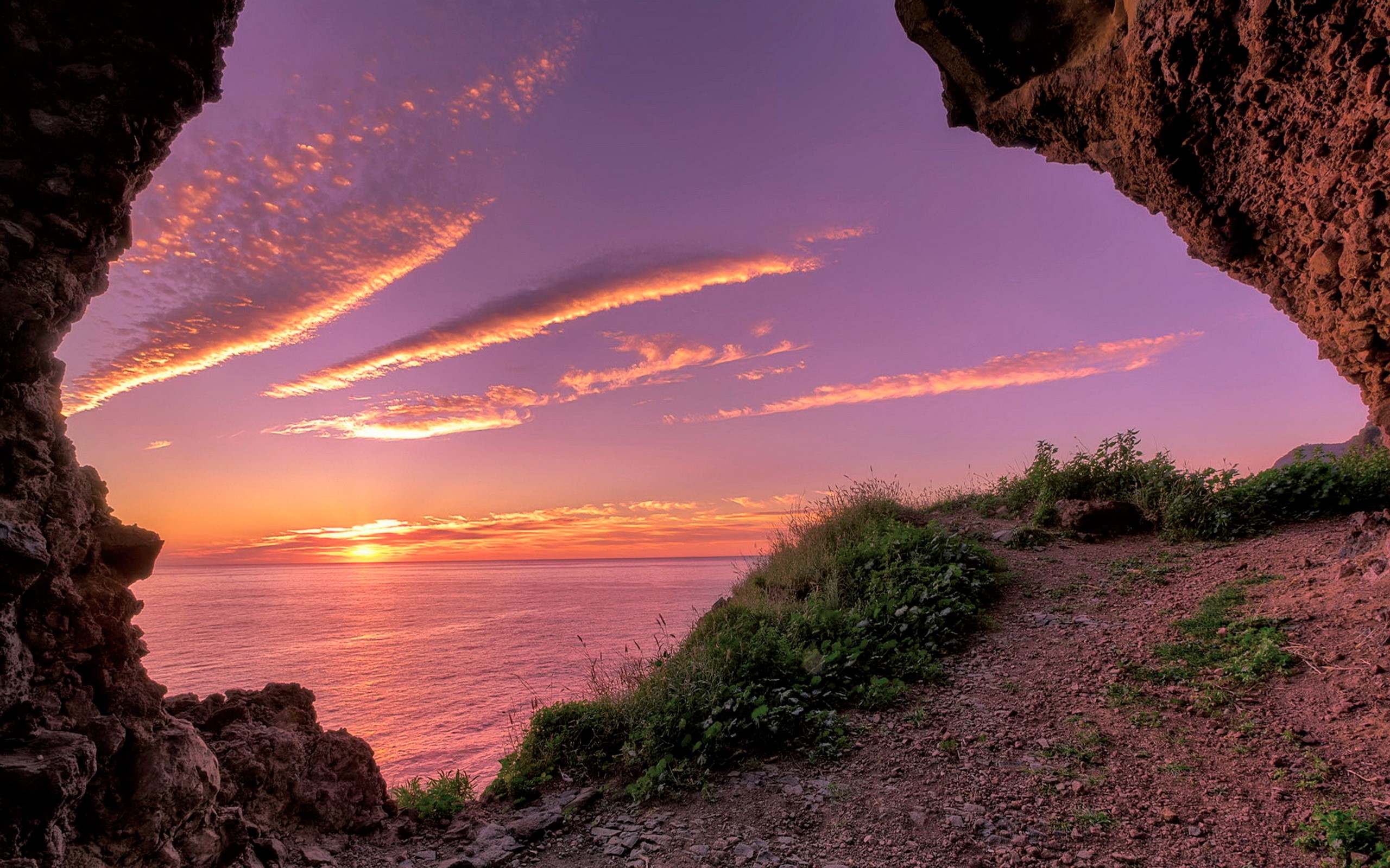 Free download wallpaper Sunset, Sea, Beach, Caves, Horizon, Coast, Ocean, Earth, Cave on your PC desktop
