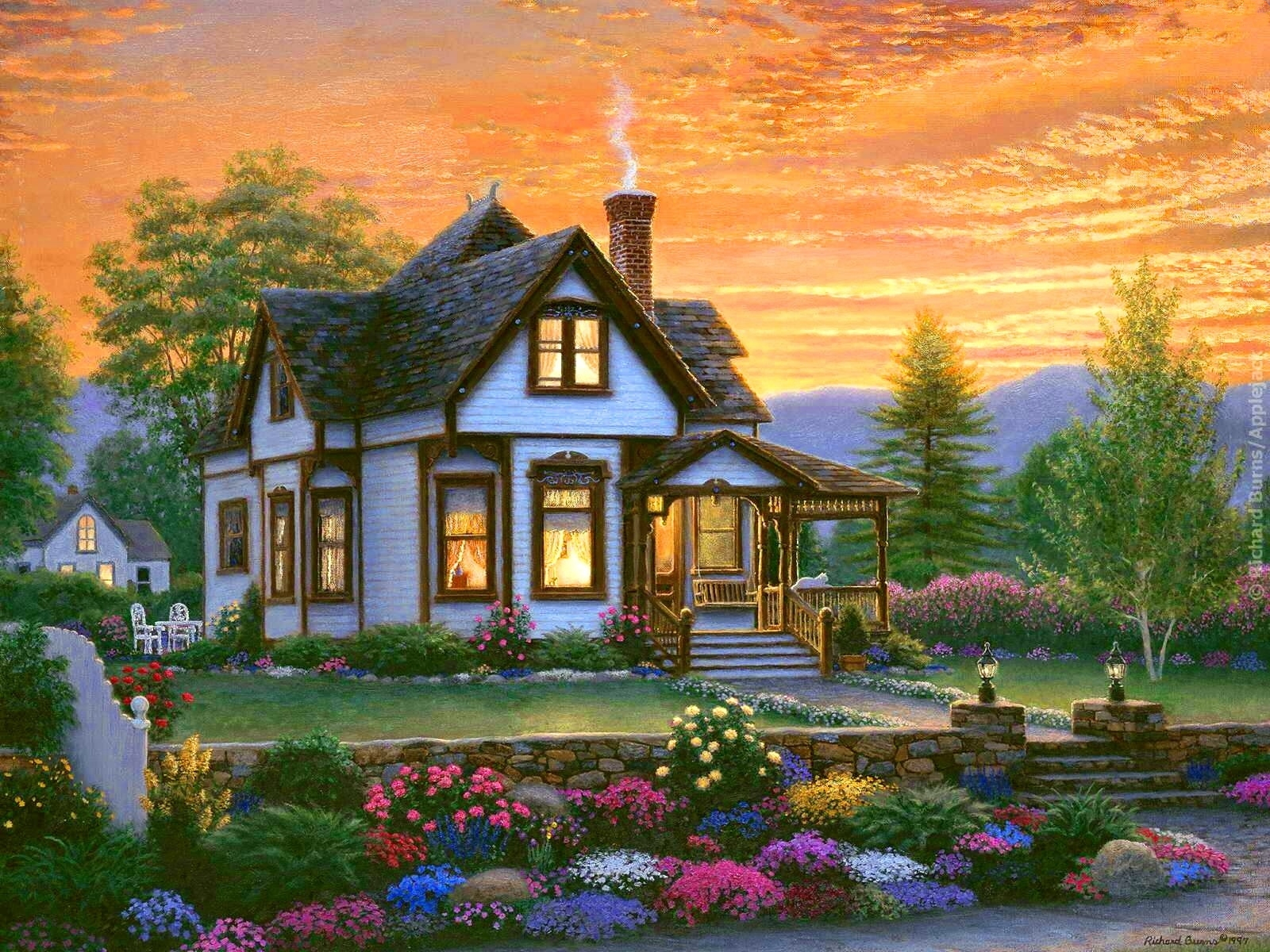 painting, artistic, cottage, flower, sunset, tree