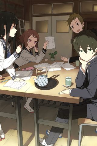 Handy-Wallpaper Animes, Eru Chitanda, Hōtarō Oreki, Majaka Ibara, Satoshi Fukube, Hyouka kostenlos herunterladen.
