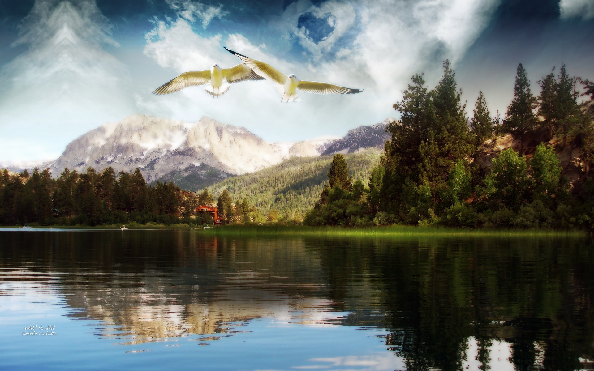 Free download wallpaper Landscape, Nature, Water, Mountain, Reflection, Bird, Tree, House, Artistic on your PC desktop
