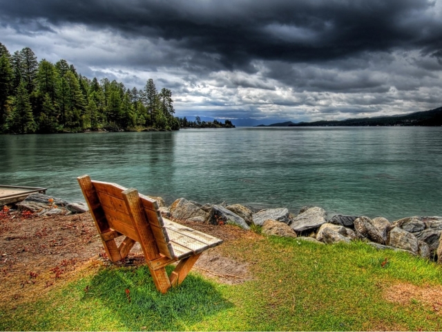 Free download wallpaper Lake, Bench, Man Made on your PC desktop