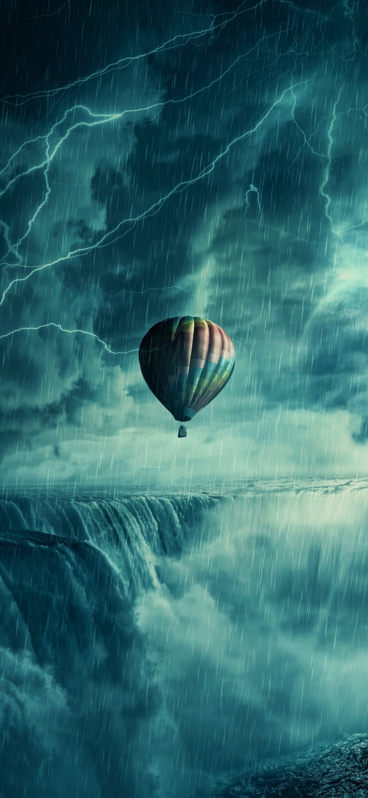 Download mobile wallpaper Rain, Lightning, Storm, Vehicles, Hot Air Balloon for free.