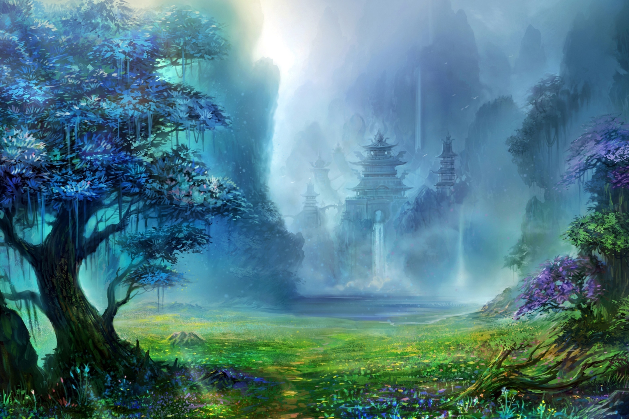 Download mobile wallpaper Landscape, Fantasy, Building, Tree, Temple for free.