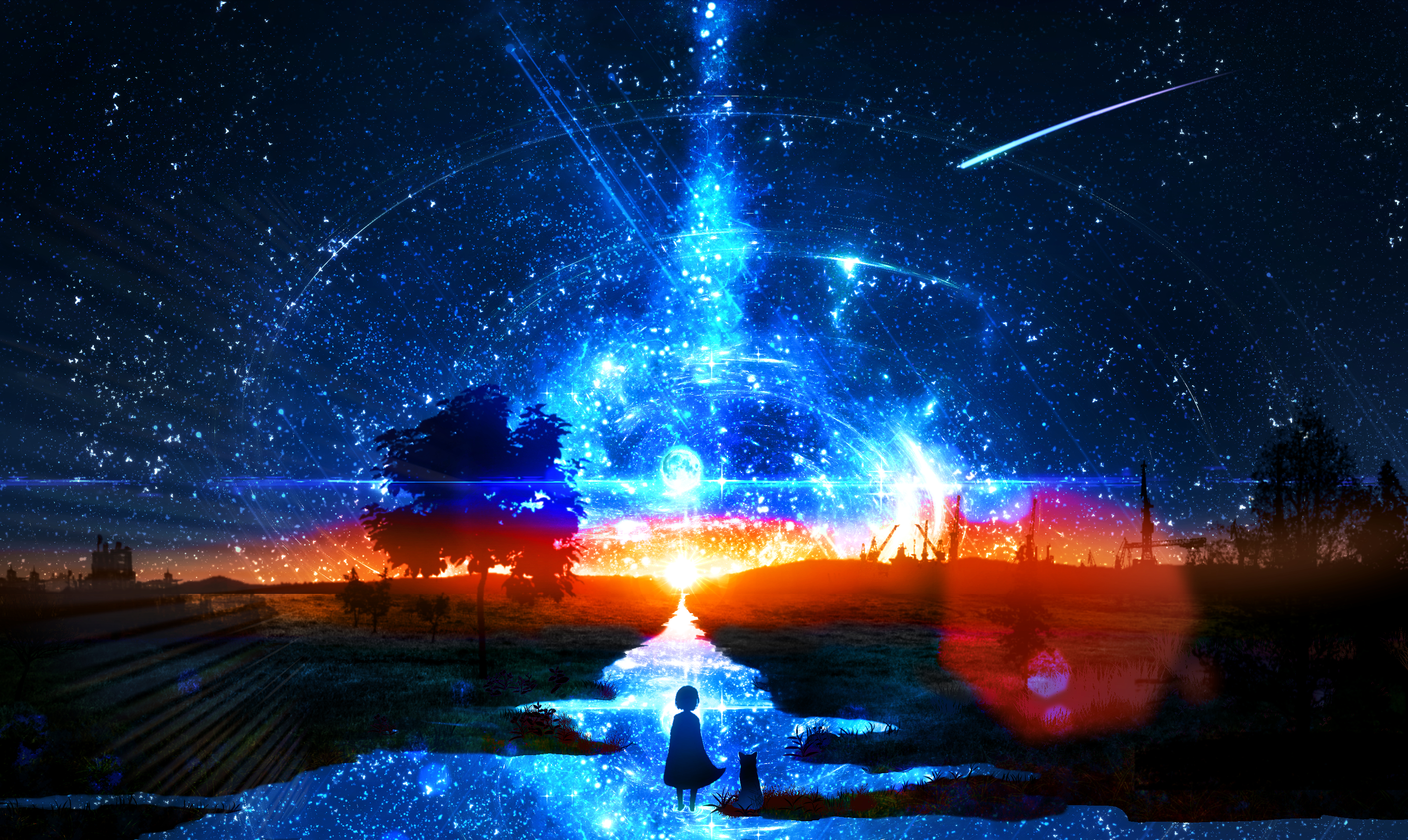 Free download wallpaper Anime, Water, Sunset, Stars, Night, Light, Cat, Comet, Original, Shooting Star on your PC desktop
