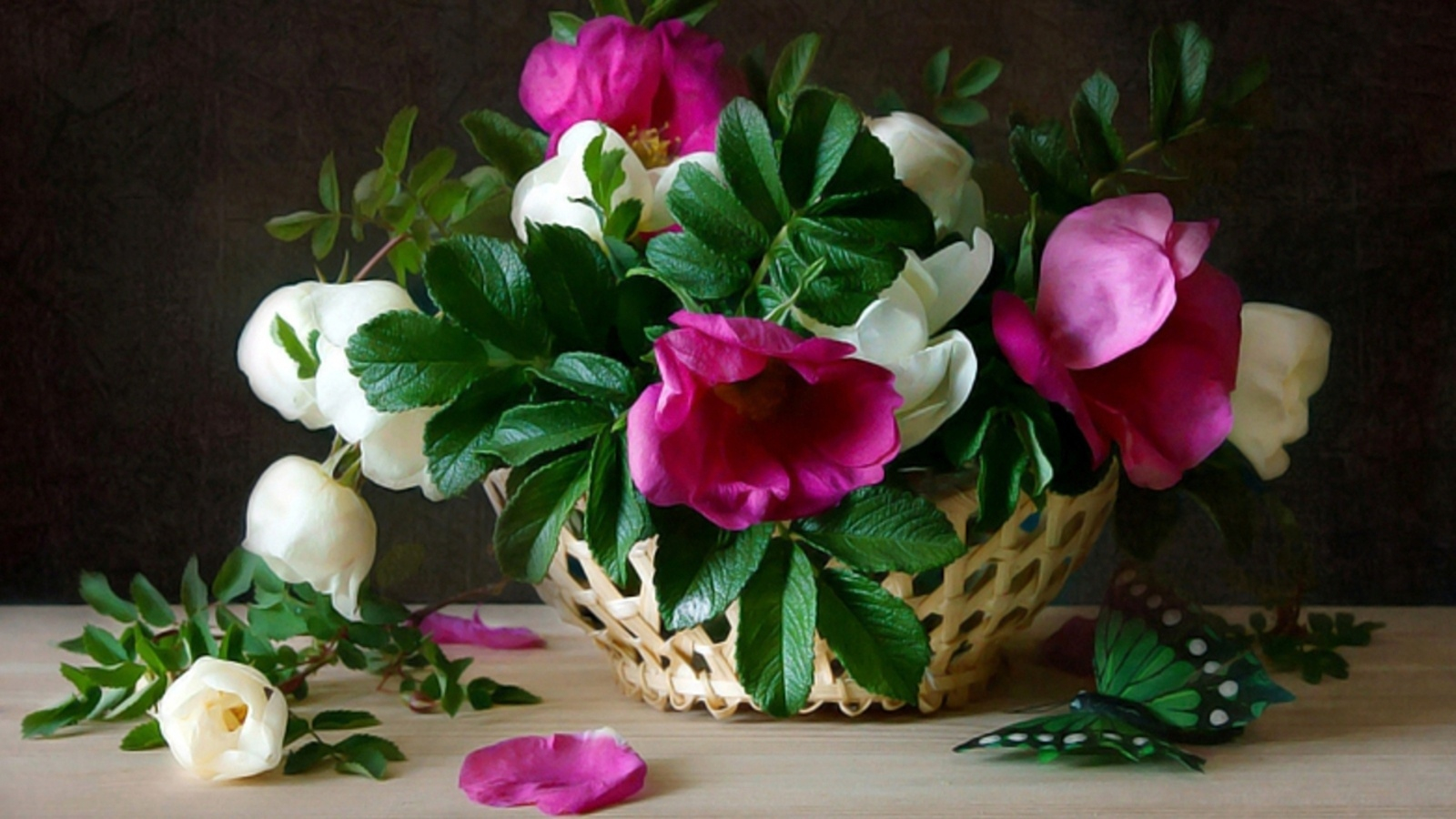 Download mobile wallpaper Still Life, Flower, Leaf, Basket, Tulip, Photography, White Flower, Pink Flower for free.
