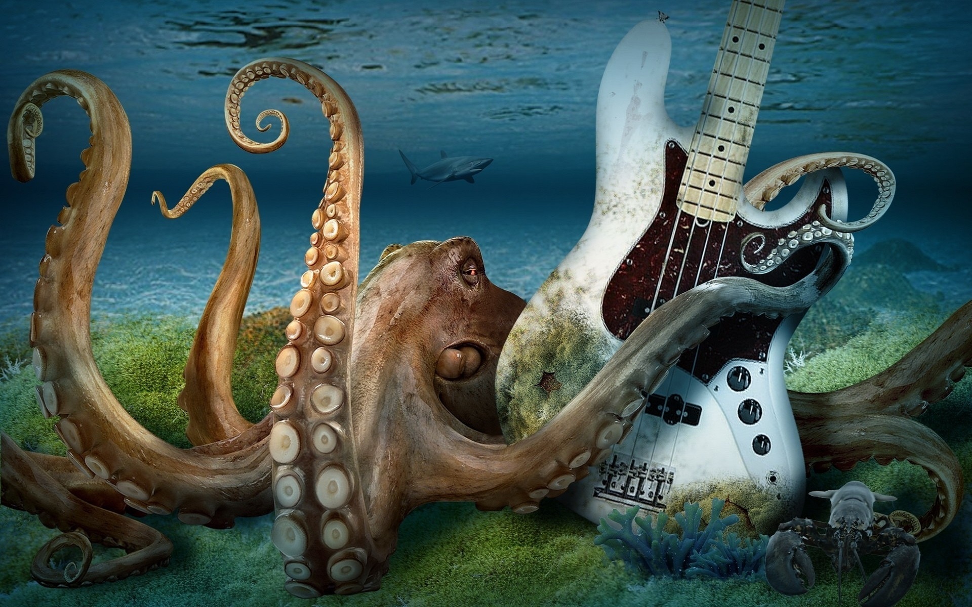 3d, animal, cgi, guitar, ocean, octopus, shark, tentacle