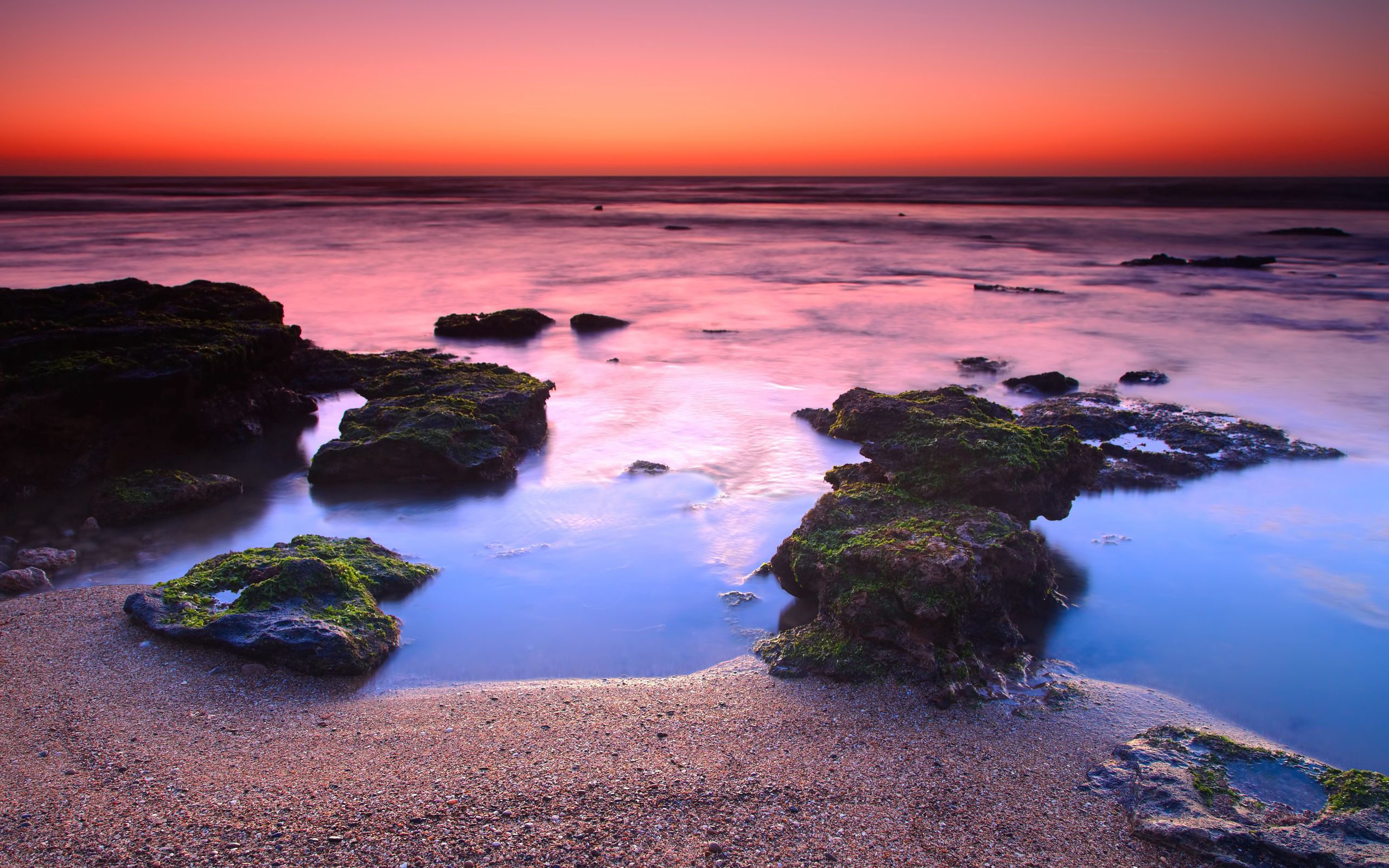 nature, sunset, stones, sand, orange, horizon, shore, bank, moss, grains, line, reefs, steam