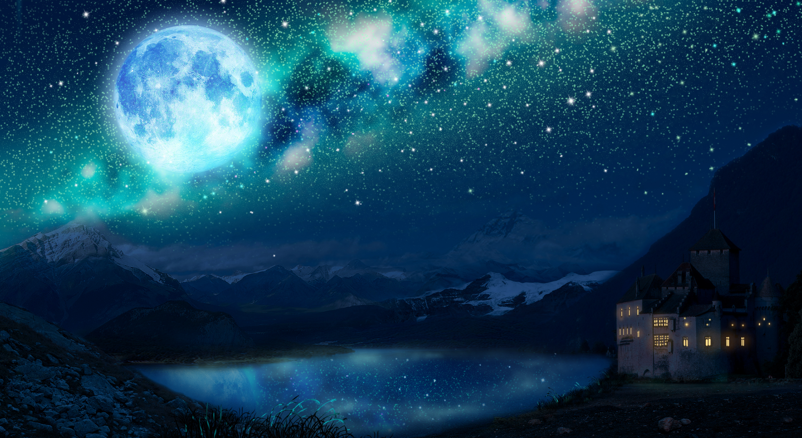 Laden Sie das Mond, Gebäude, See, Nacht, Animes, Sternenklarer Himmel-Bild kostenlos auf Ihren PC-Desktop herunter