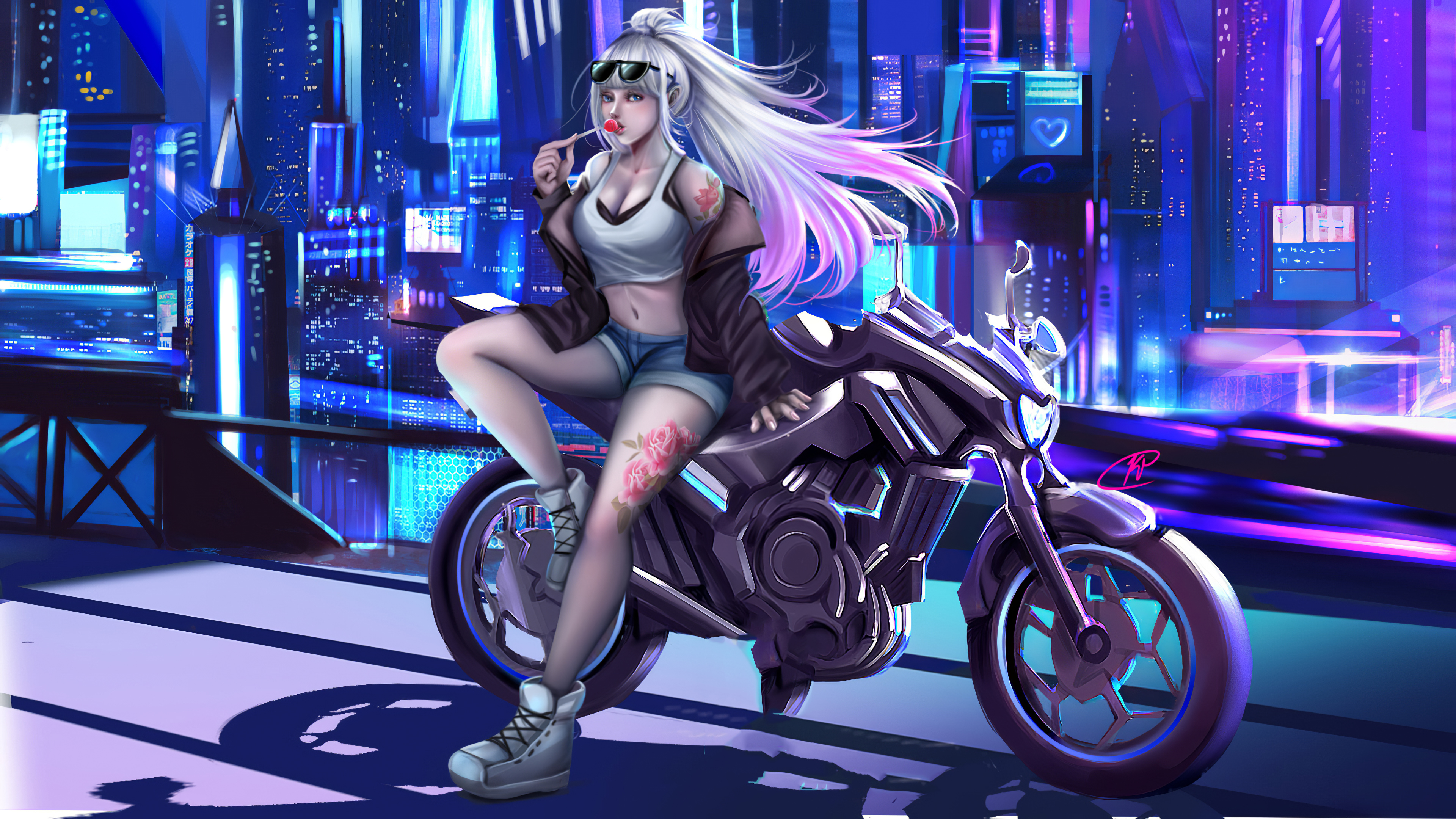 Baixar papel de parede para celular de Cidade, Cyberpunk, Motocicleta, Ficção Científica, Veículos, Cabelo Longo, Cabelo Branco, Futurístico gratuito.