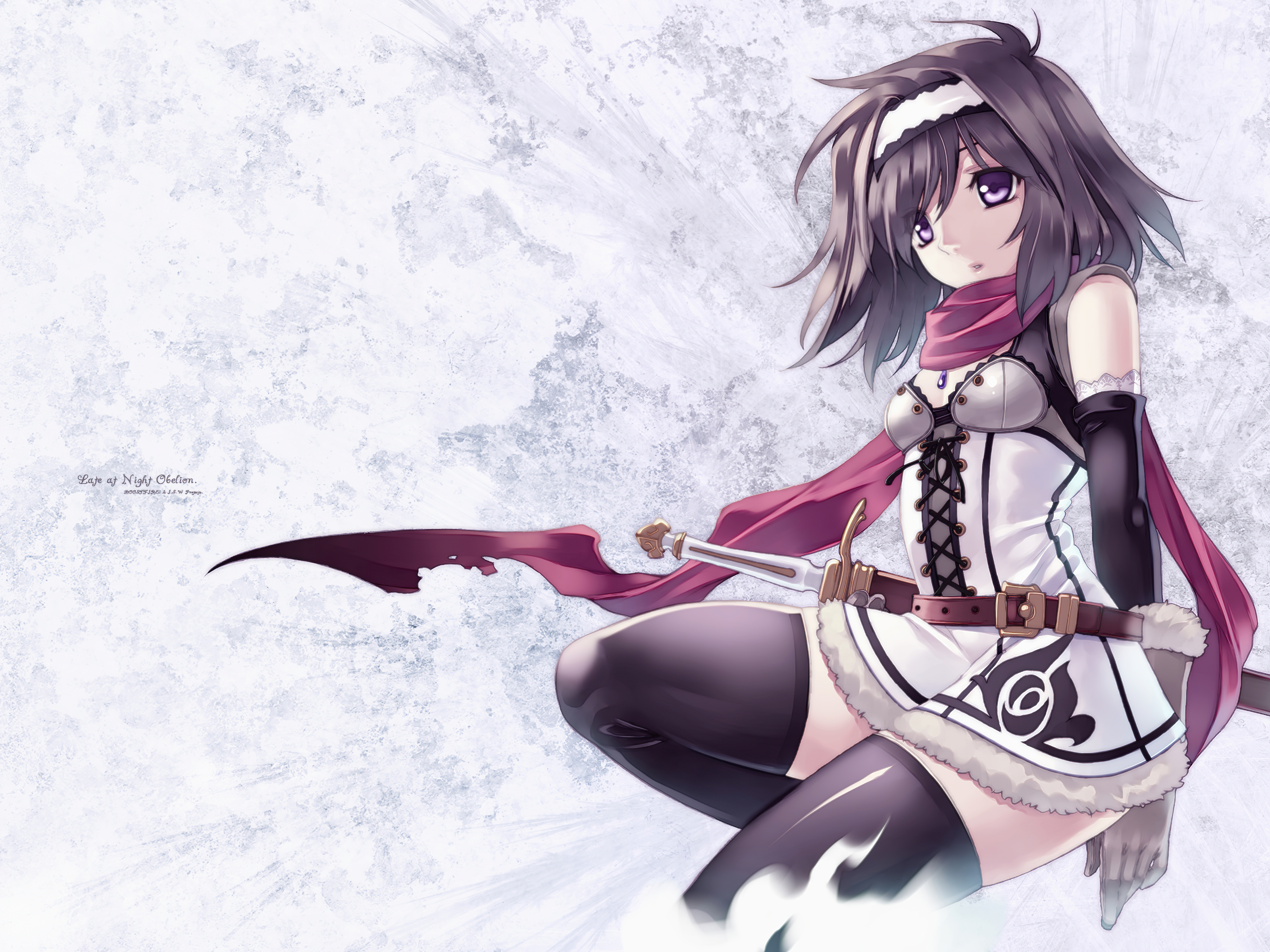 Free download wallpaper Anime, Glove, Armor, Sword, Scarf, Original, Brown Hair, Short Hair, Purple Eyes on your PC desktop