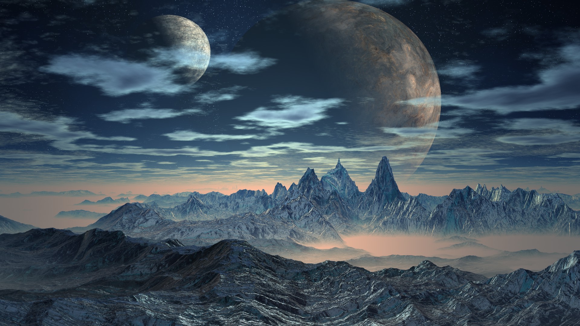 Laden Sie das Landschaft, Winter, Nebel, Planet, Gebirge, Science Fiction, Wolke-Bild kostenlos auf Ihren PC-Desktop herunter