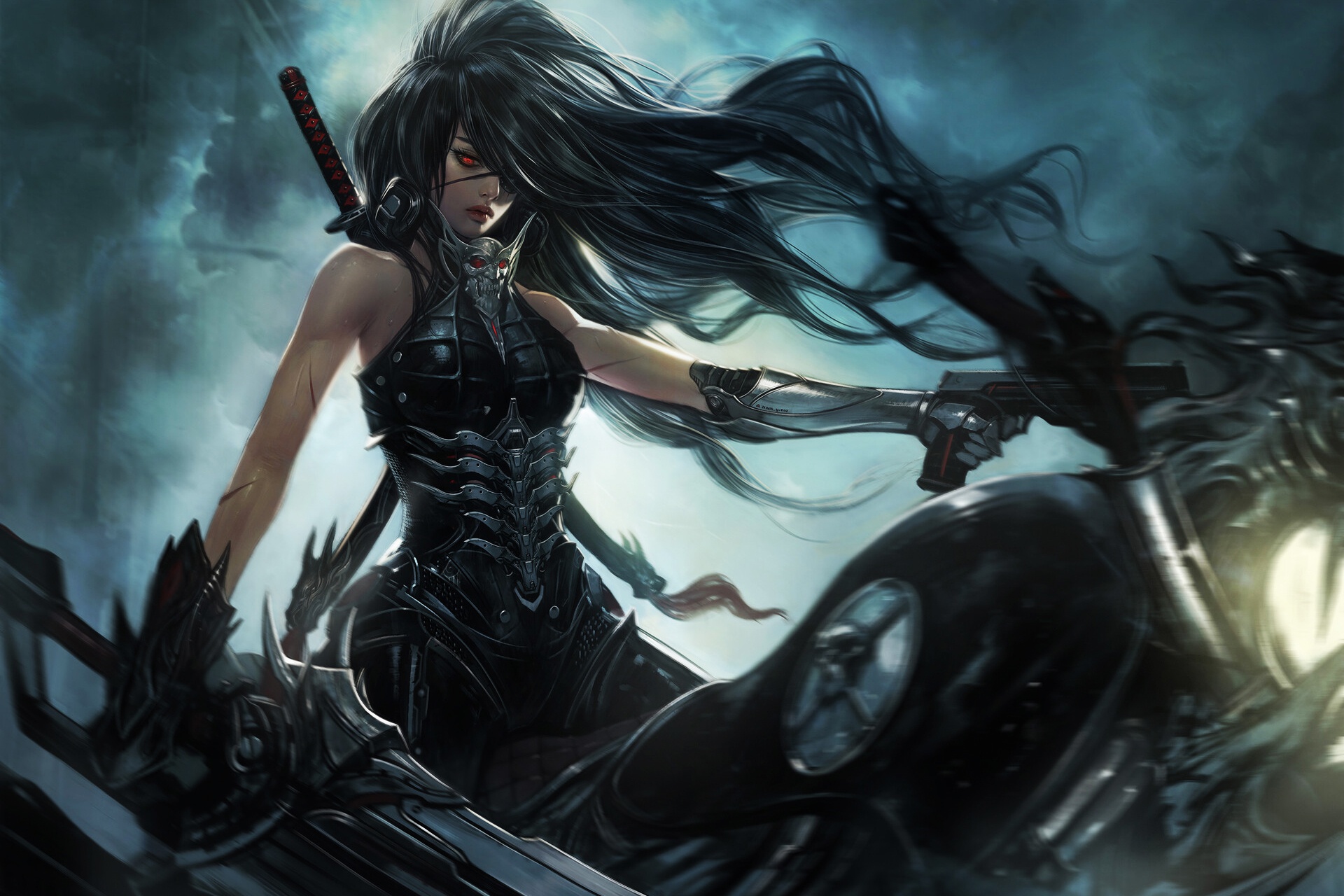 Free download wallpaper Fantasy, Sword, Gun, Black Hair, Long Hair, Women Warrior, Woman Warrior on your PC desktop