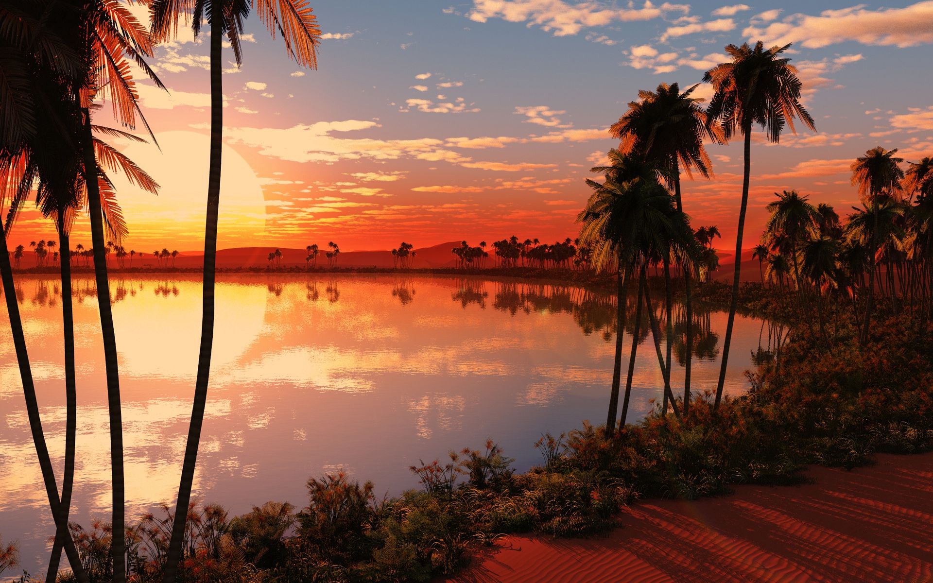 Free download wallpaper Nature, Sunset, Sun, Horizon, Lake, Evening, Palms on your PC desktop