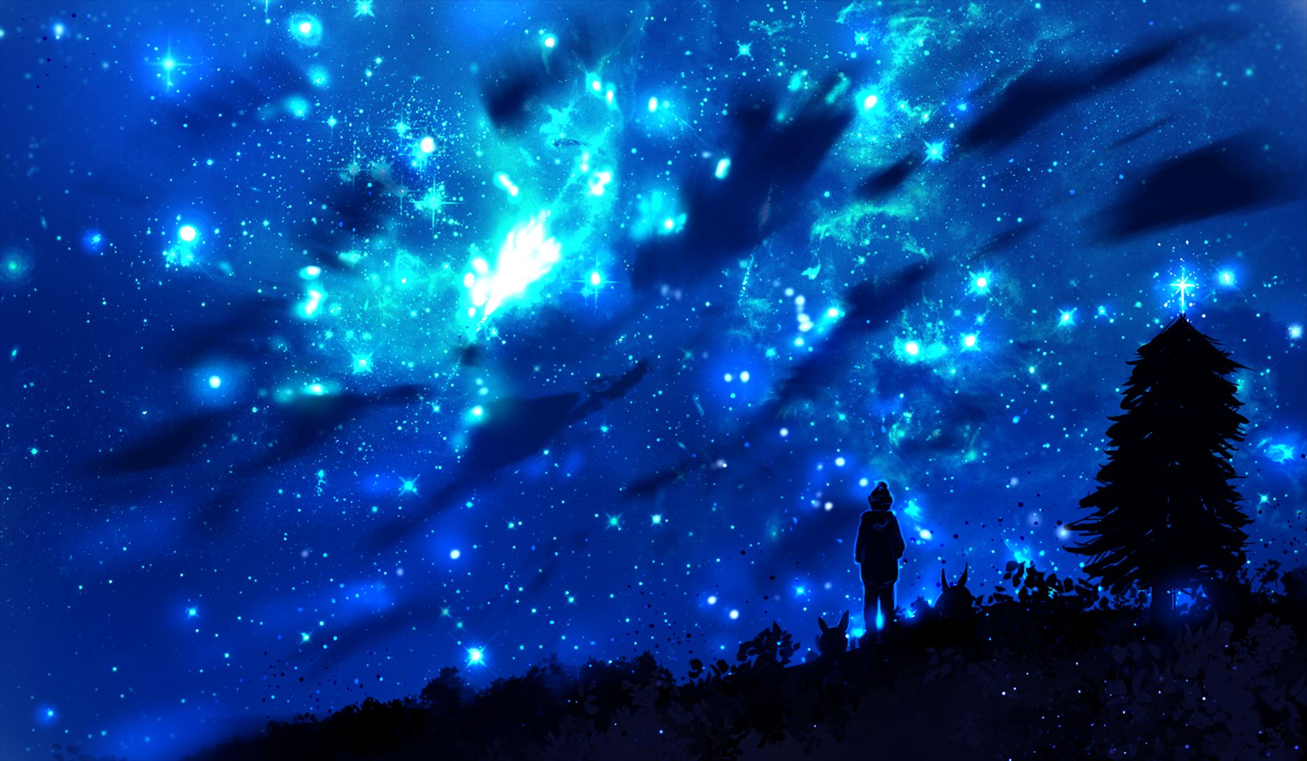 Download mobile wallpaper Fantasy, Sky, Stars, Night, Light, Tree, Cloud, Child for free.