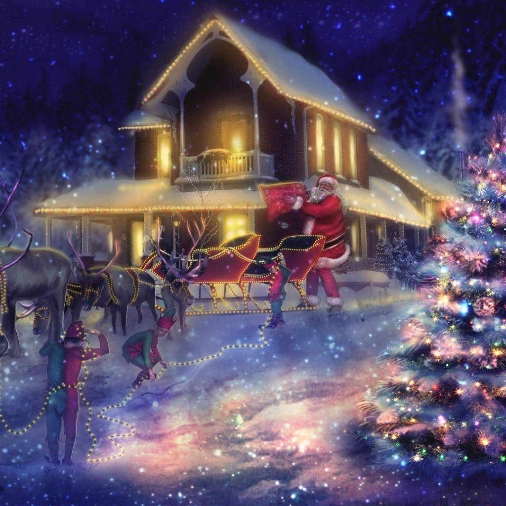 Handy-Wallpaper Feiertage, Weihnachtsmann, Weihnachten, Weihnachtsbaum, Schlitten, Weihnachtsbeleuchtung, Rentier kostenlos herunterladen.