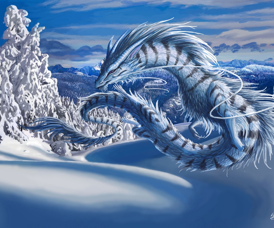 Laden Sie das Winter, Fantasie, Schnee, Drachen-Bild kostenlos auf Ihren PC-Desktop herunter